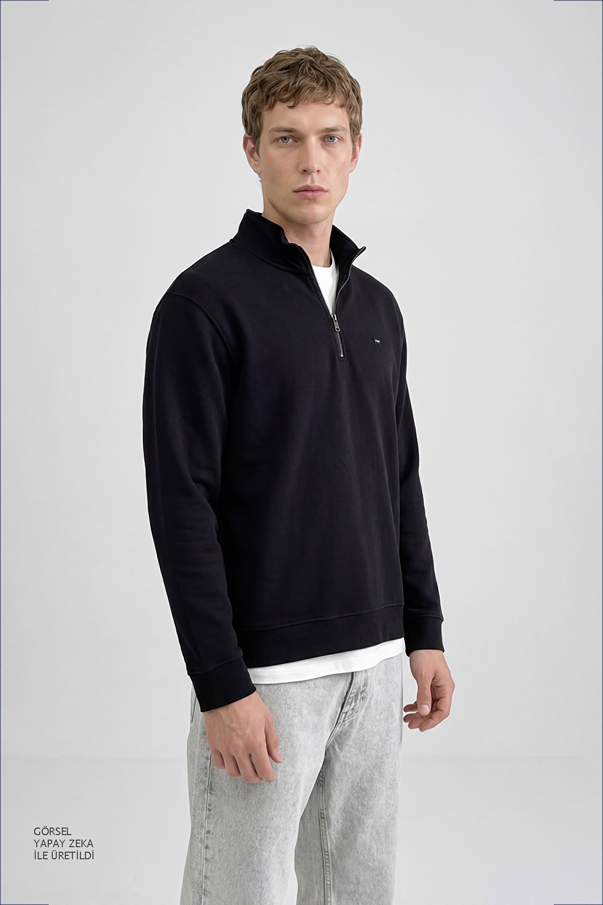 Pamuklu Regular Fit Dik Yaka Fermuarlı Selanik Örgü Sweatshirt - Black-TW2520532001