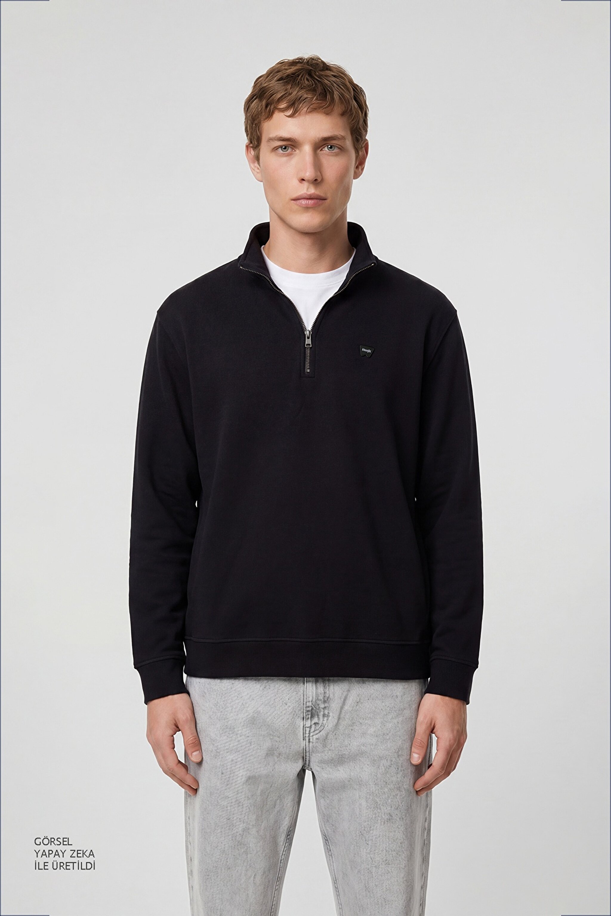 Pamuklu Regular Fit Dik Yaka Fermuarlı Selanik Örgü Sweatshirt - Black-TW2520532001 (görsel 2)