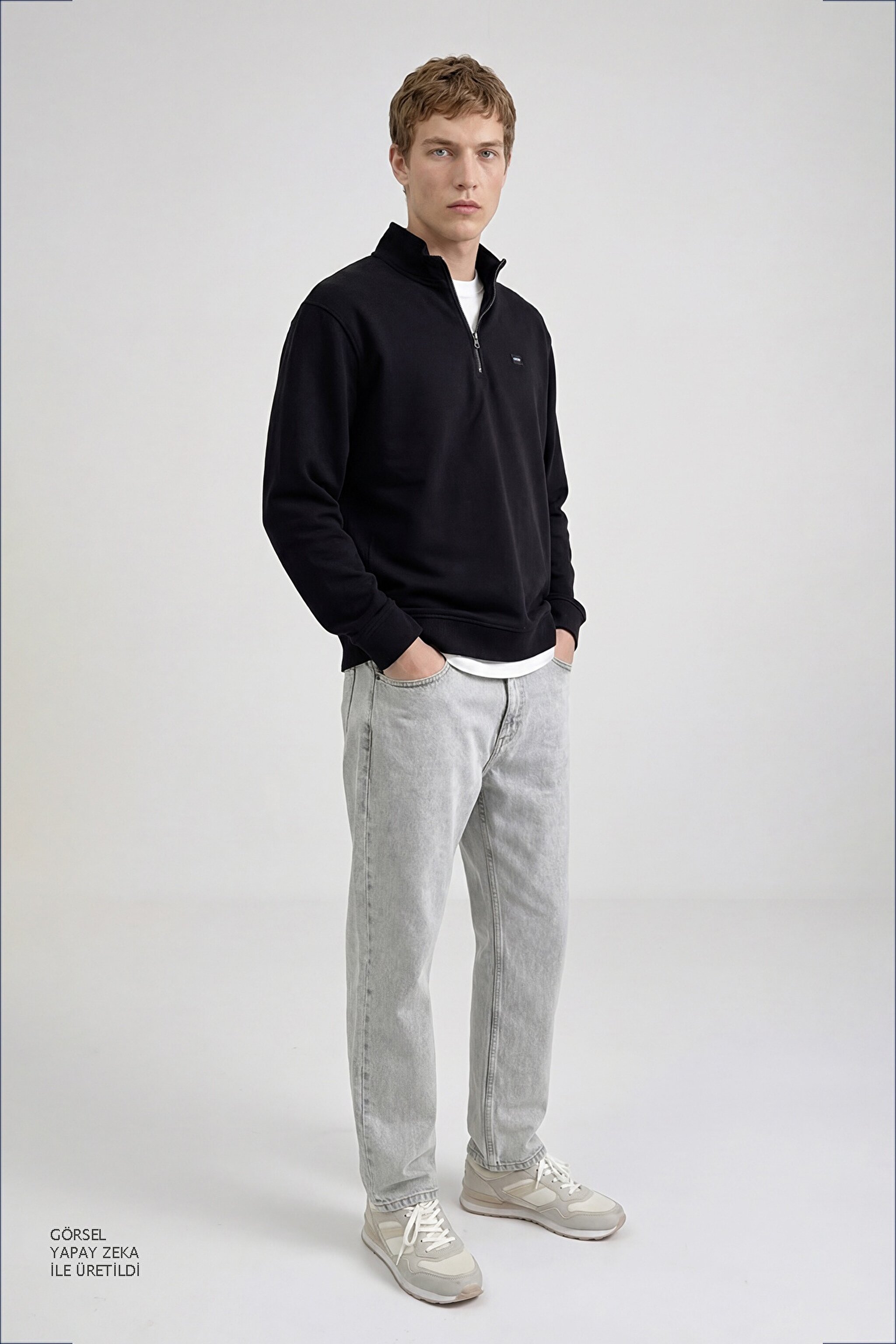 Pamuklu Regular Fit Dik Yaka Fermuarlı Selanik Örgü Sweatshirt - Black-TW2520532001 (görsel 3)