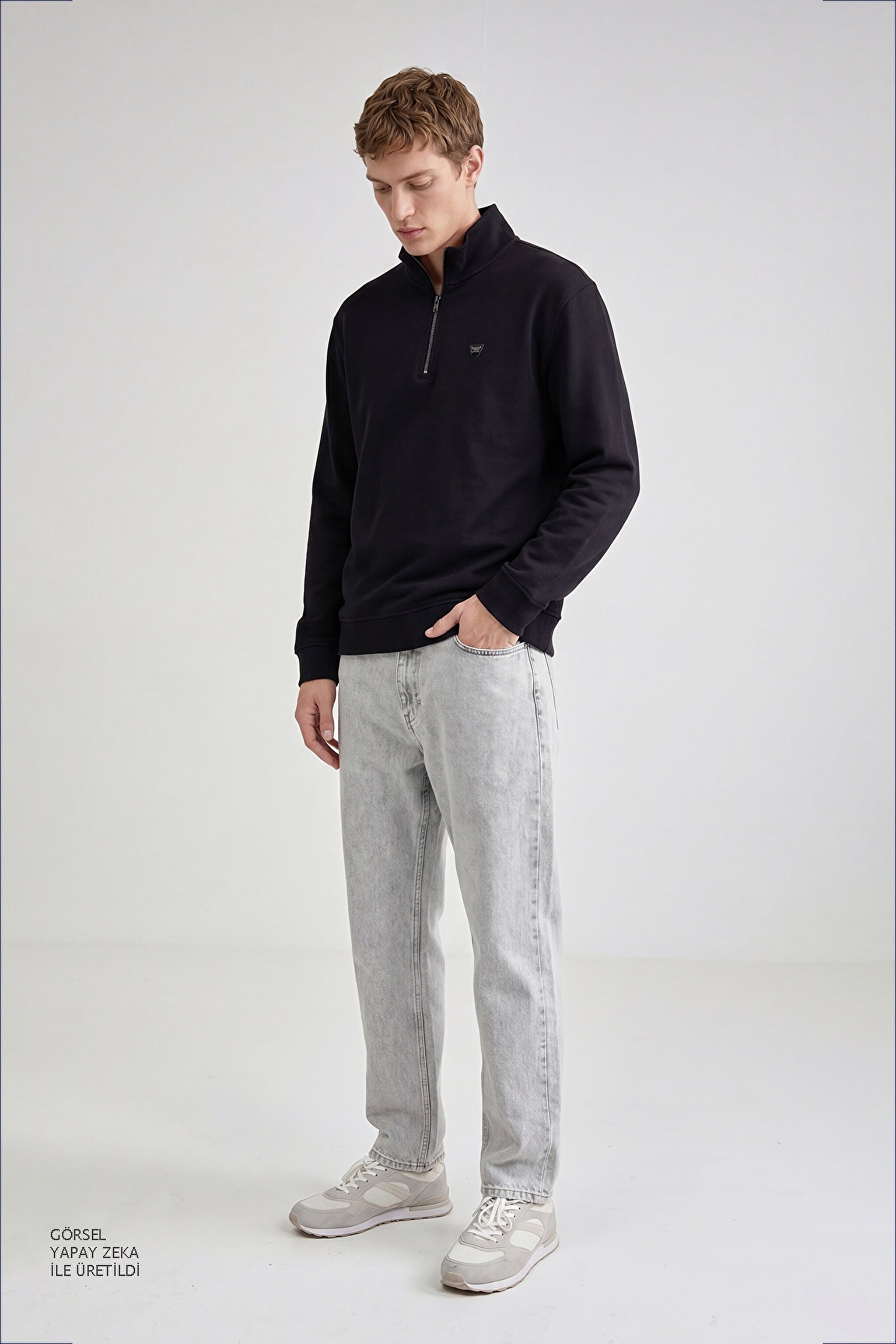 Pamuklu Regular Fit Dik Yaka Fermuarlı Selanik Örgü Sweatshirt - Black-TW2520532001 (görsel 4)