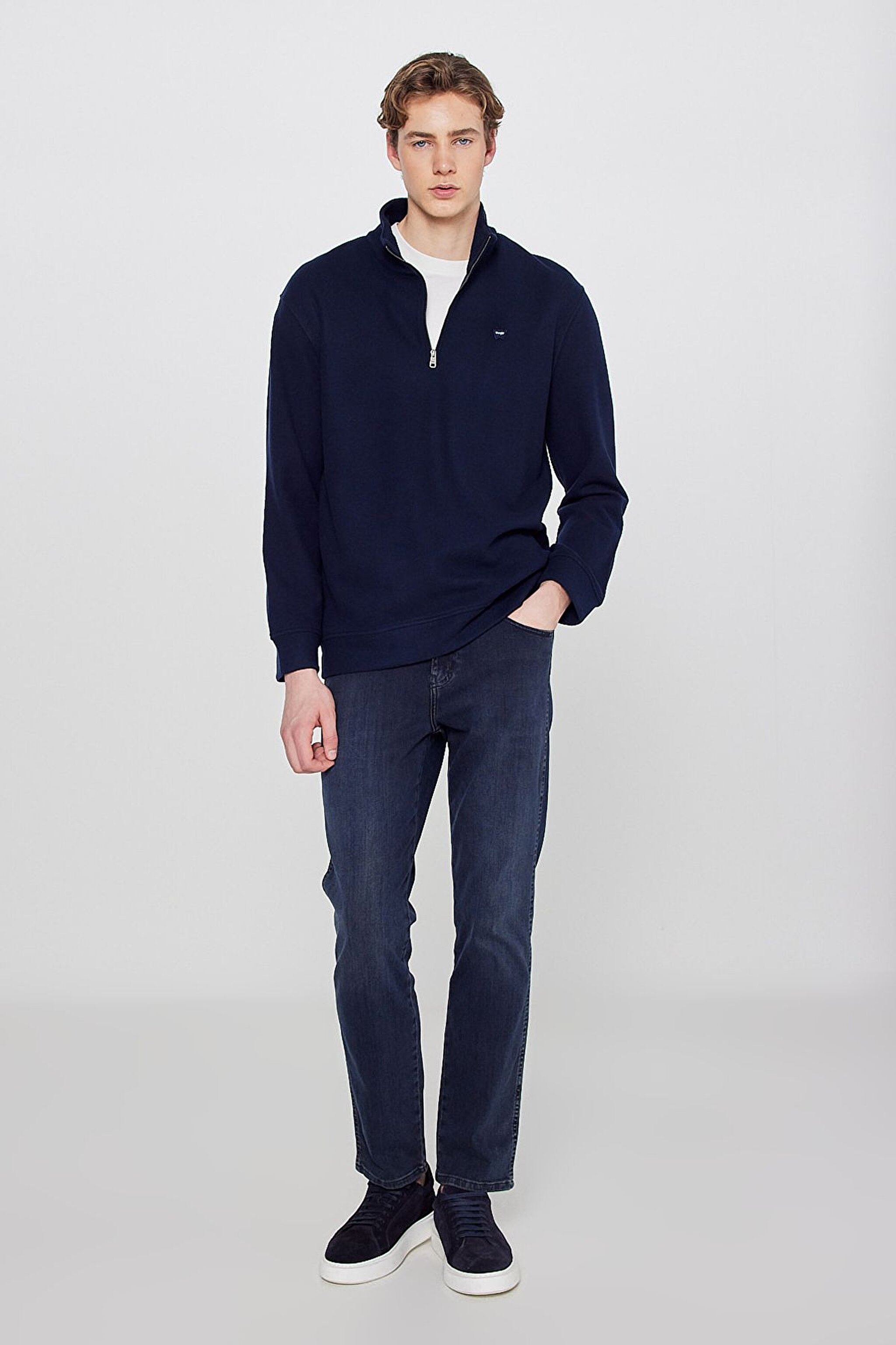 Pamuklu Regular Fit Dik Yaka Fermuarlı Selanik Örgü Sweatshirt - Navy-TW2520532410 (görsel 3)