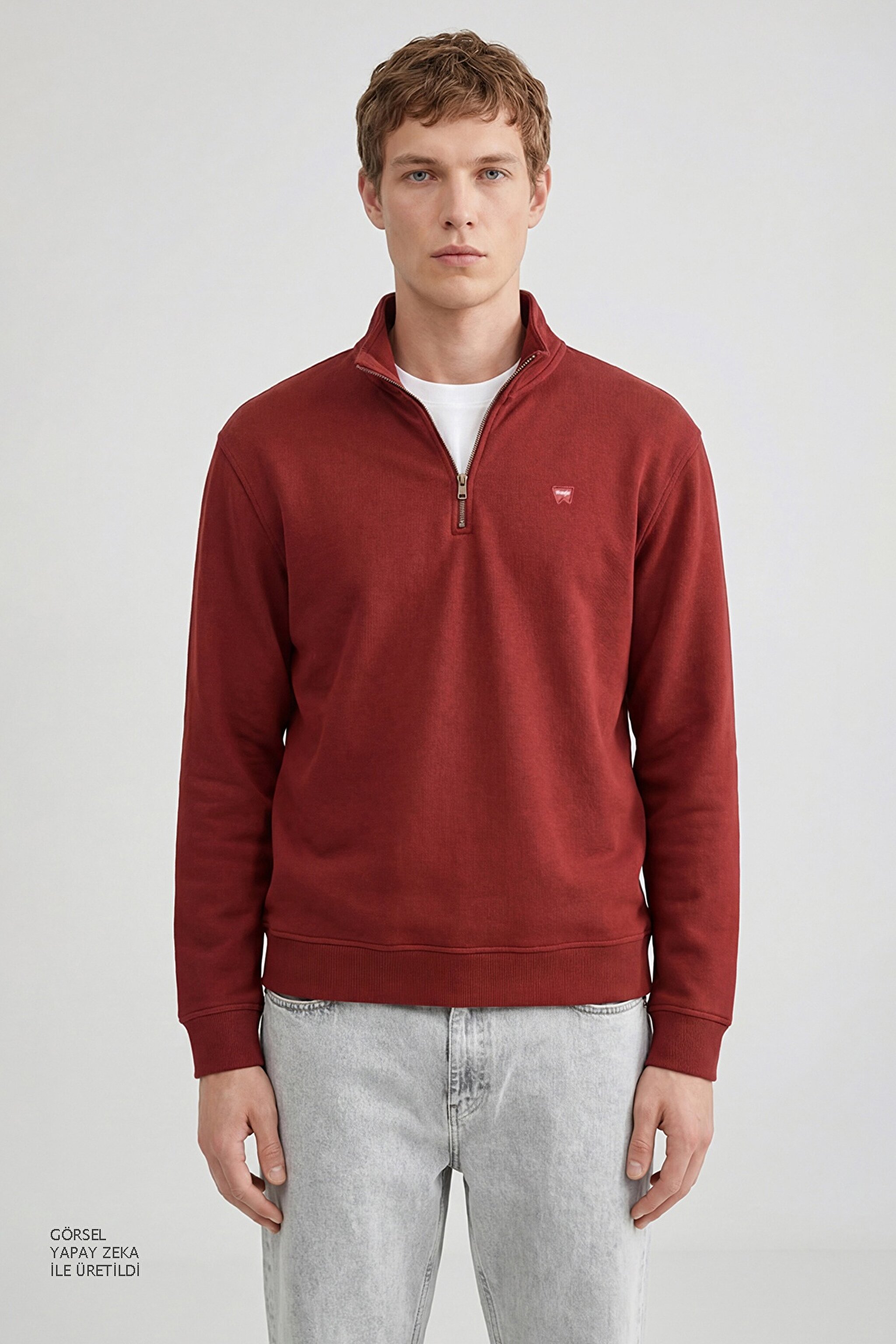 Pamuklu Regular Fit Dik Yaka Fermuarlı Selanik Örgü Sweatshirt - Wine-TW2520532810 (görsel 2)