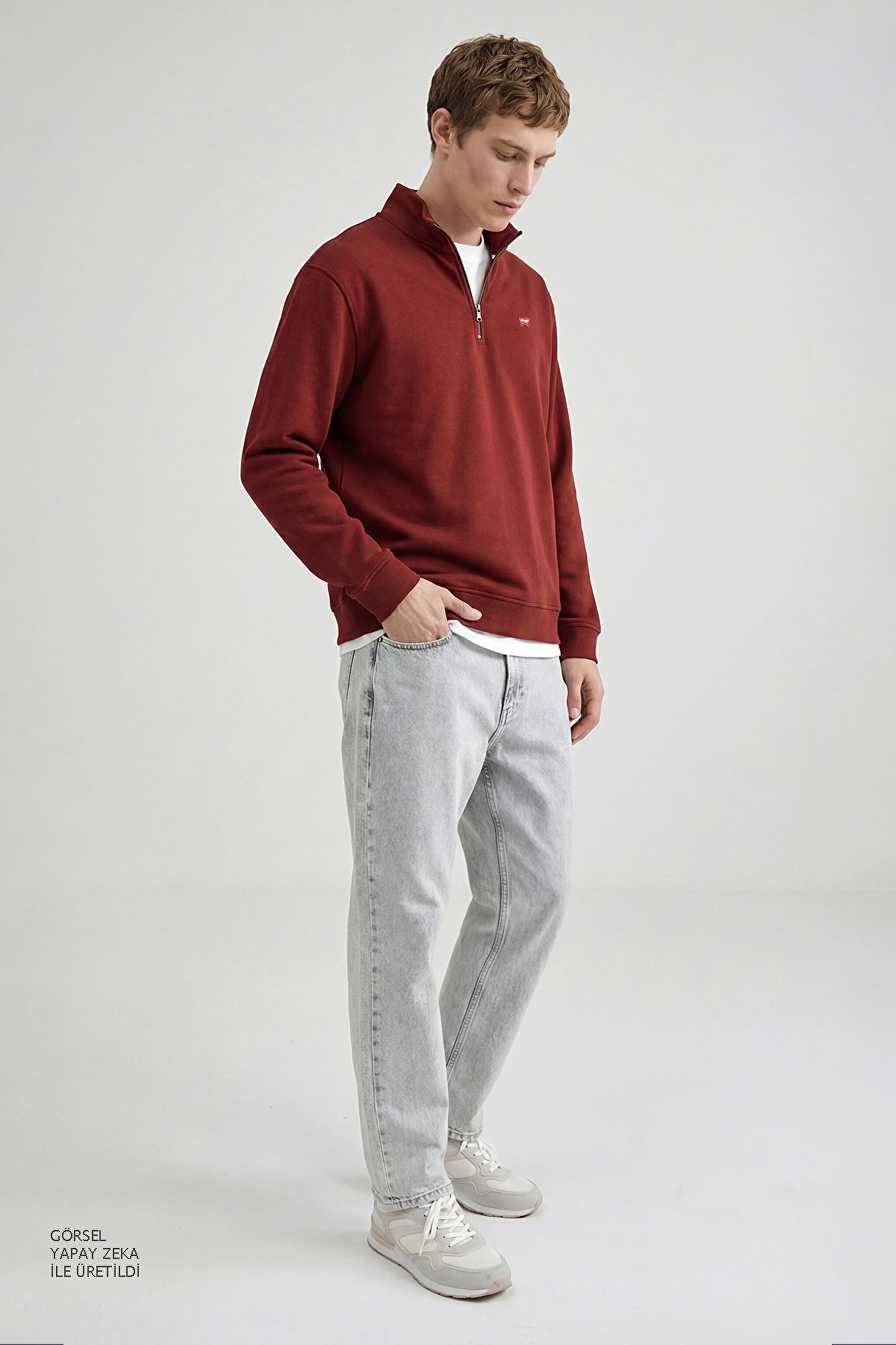 Pamuklu Regular Fit Dik Yaka Fermuarlı Selanik Örgü Sweatshirt - Wine-TW2520532810 (görsel 3)