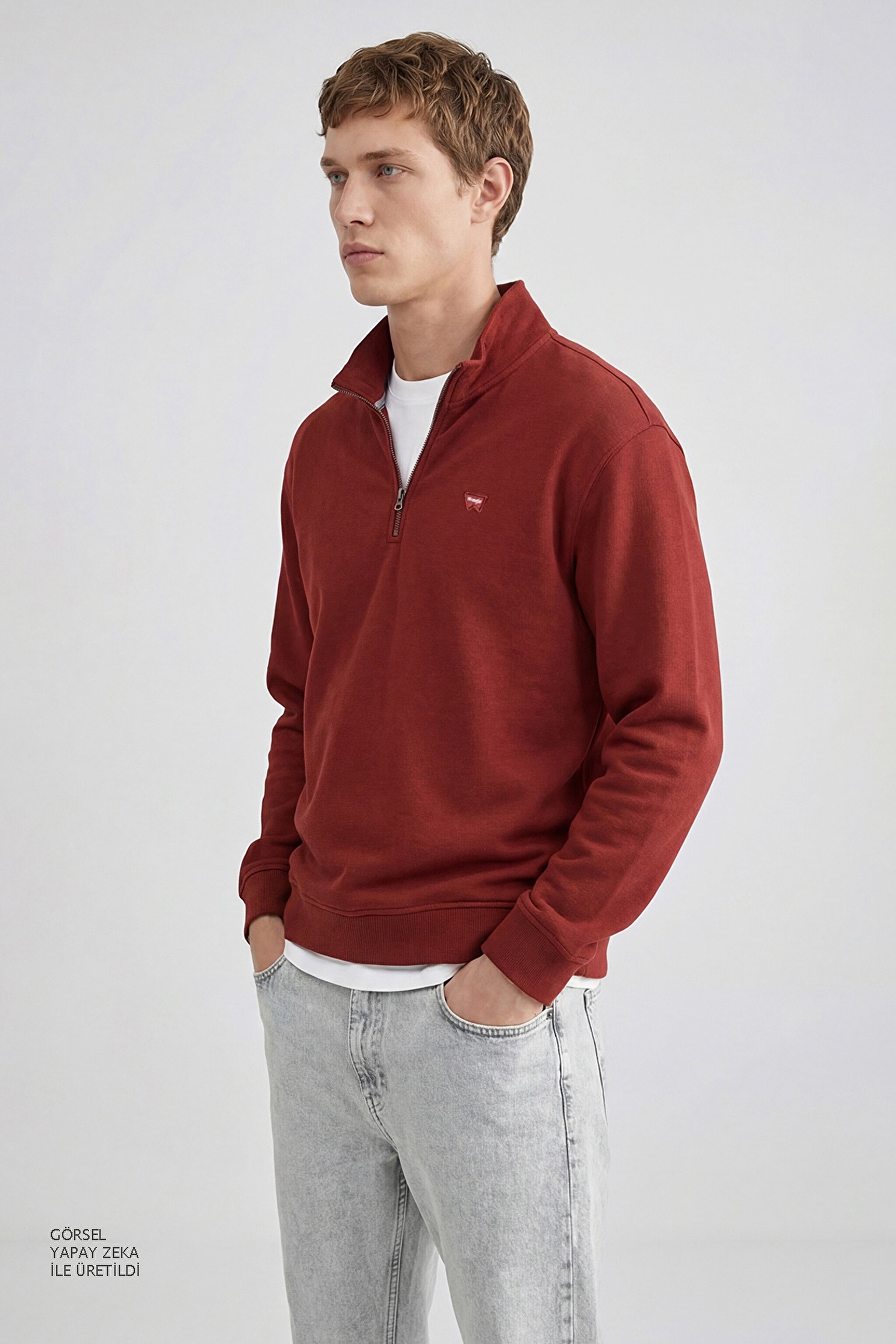 Pamuklu Regular Fit Dik Yaka Fermuarlı Selanik Örgü Sweatshirt - Wine-TW2520532810 (görsel 4)