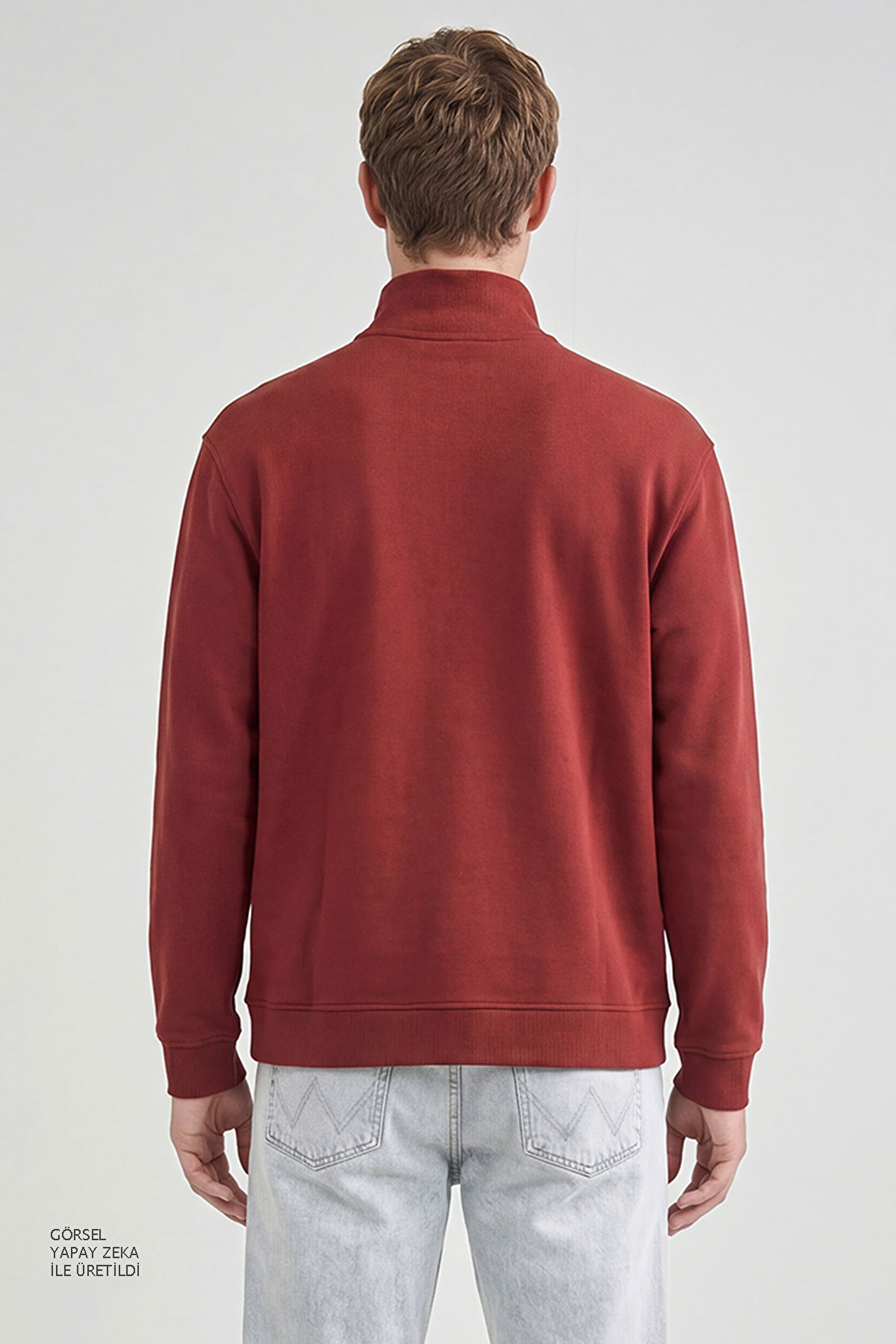 Pamuklu Regular Fit Dik Yaka Fermuarlı Selanik Örgü Sweatshirt - Wine-TW2520532810 (görsel 5)