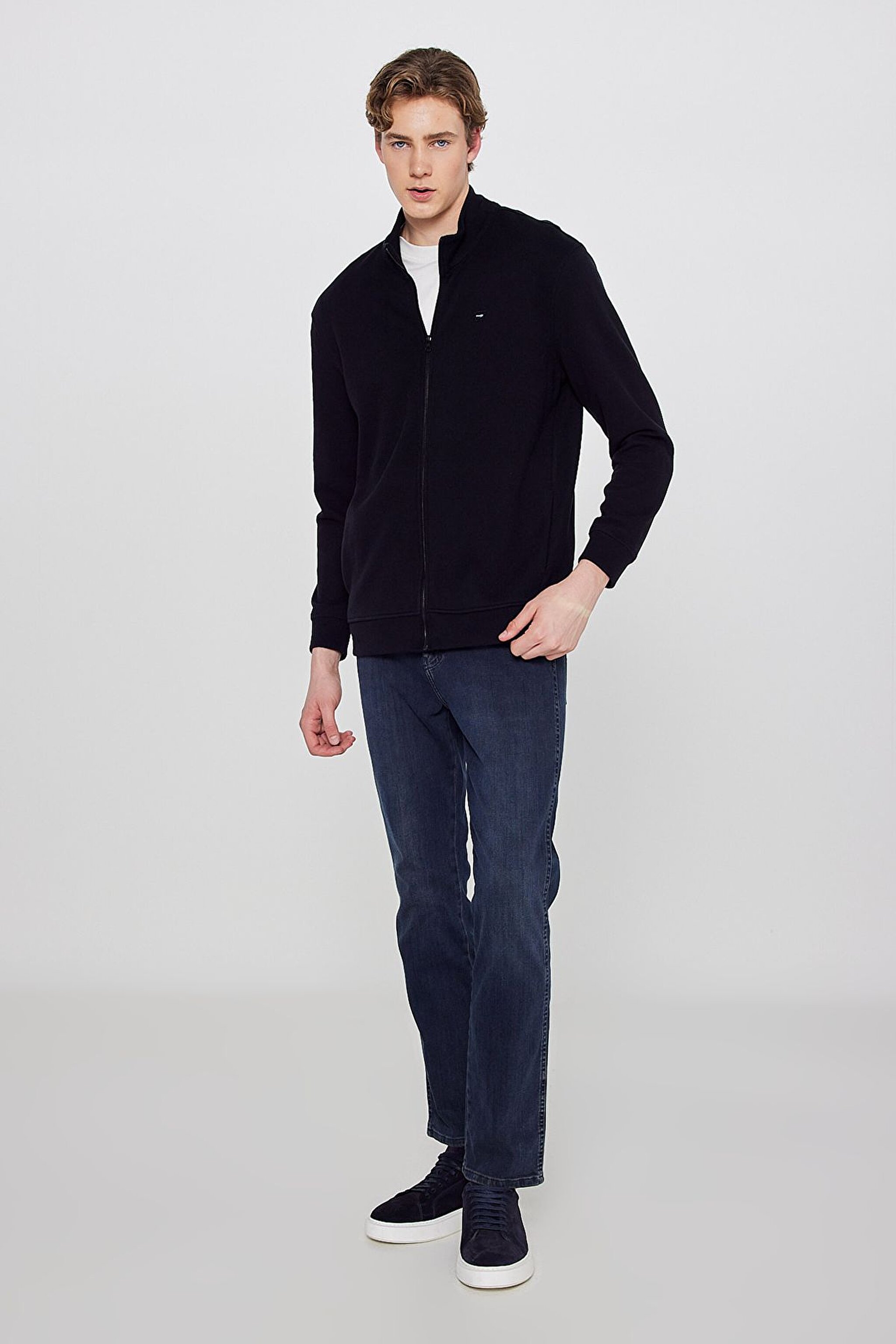 Pamuklu Relaxed Fit Dik Yaka Fermuarlı Selanik Örgü Sweatshirt - Black-TW2520533001 (görsel 3)