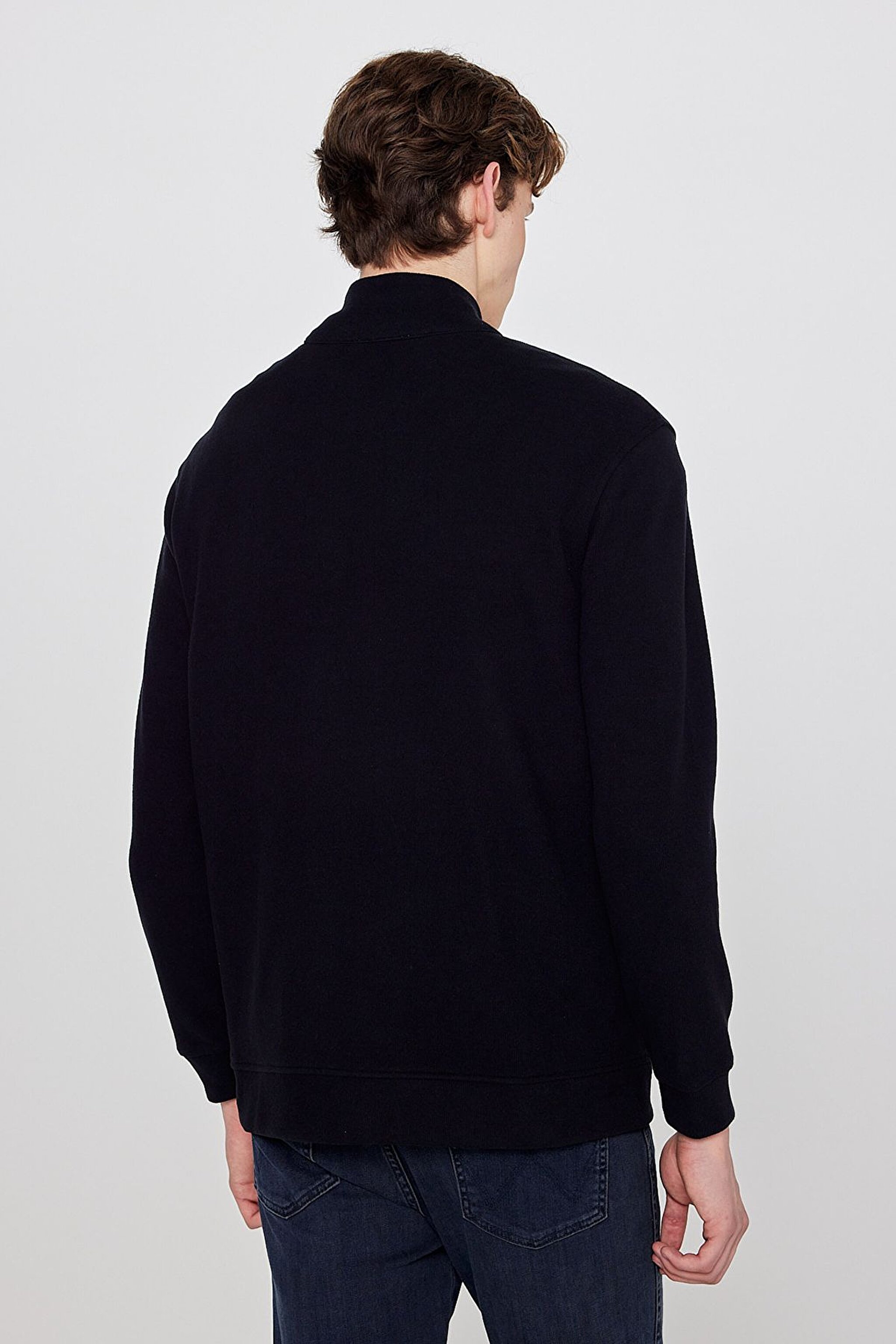 Pamuklu Relaxed Fit Dik Yaka Fermuarlı Selanik Örgü Sweatshirt - Black-TW2520533001 (görsel 5)