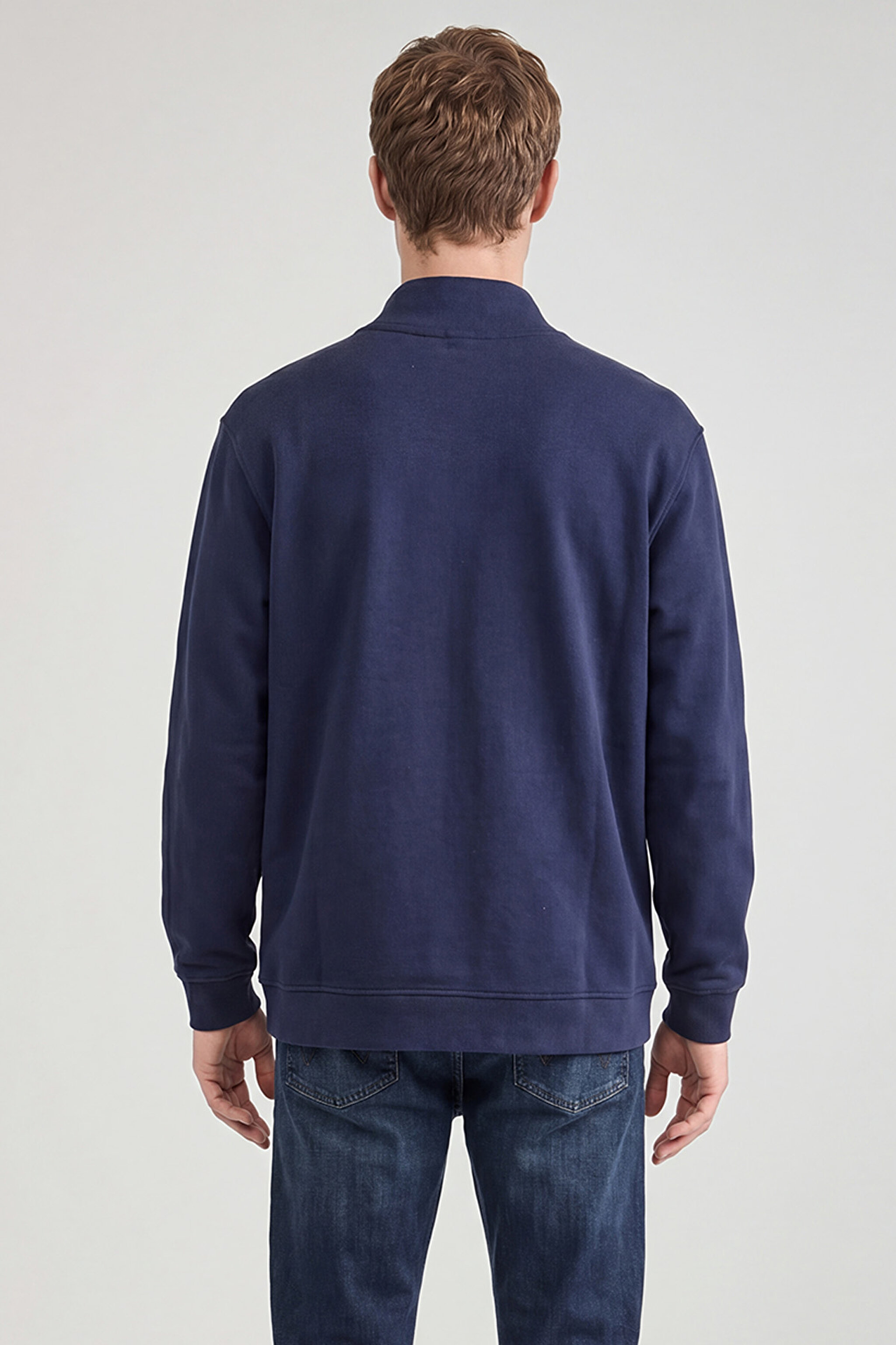 Pamuklu Relaxed Fit Dik Yaka Fermuarlı Selanik Örgü Sweatshirt - Navy-TW2520533410 (görsel 5)