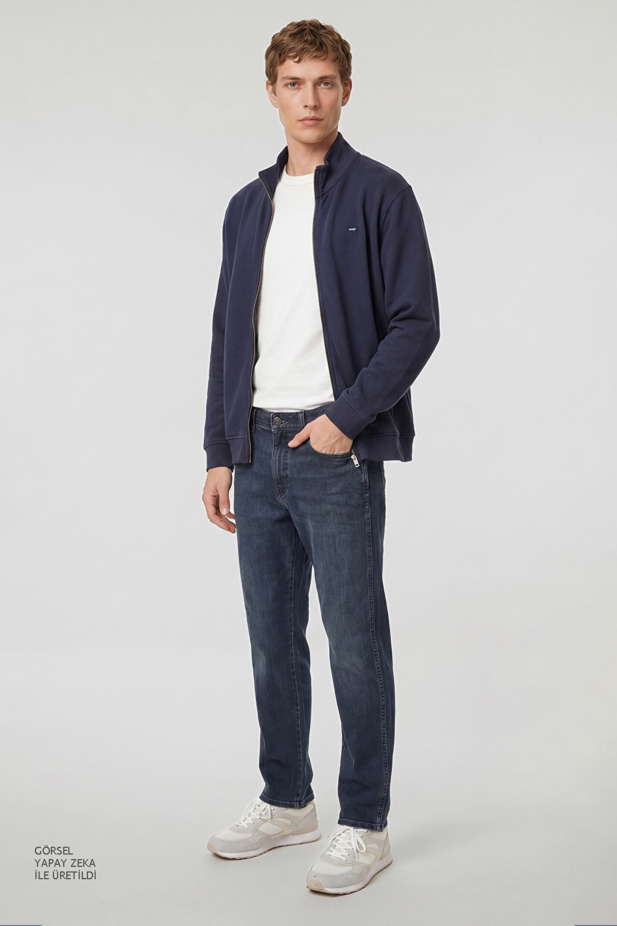 Pamuklu Relaxed Fit Dik Yaka Fermuarlı Selanik Örgü Sweatshirt - Navy-TW2520533410 (görsel 2)