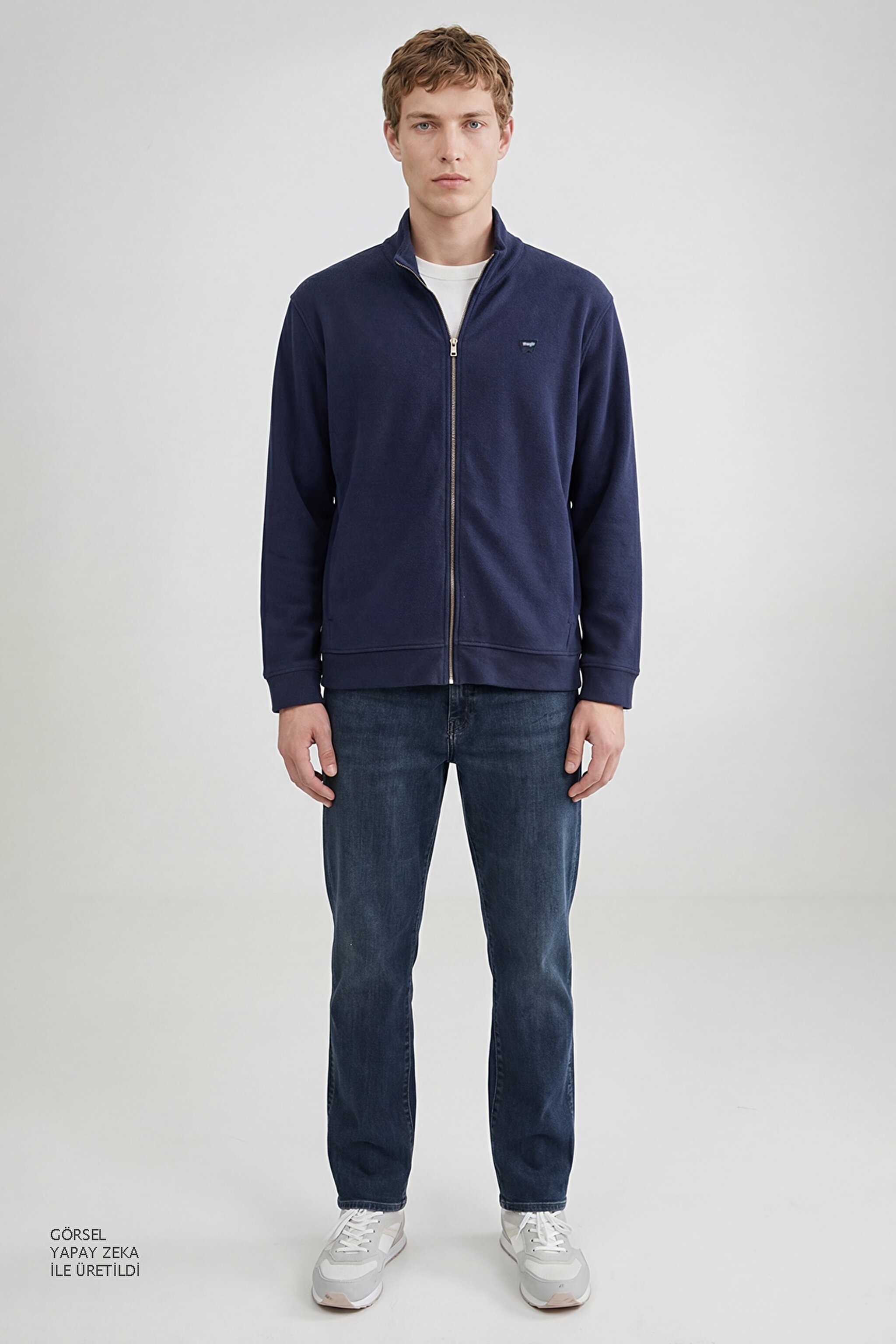 Pamuklu Relaxed Fit Dik Yaka Fermuarlı Selanik Örgü Sweatshirt - Navy-TW2520533410 (görsel 3)