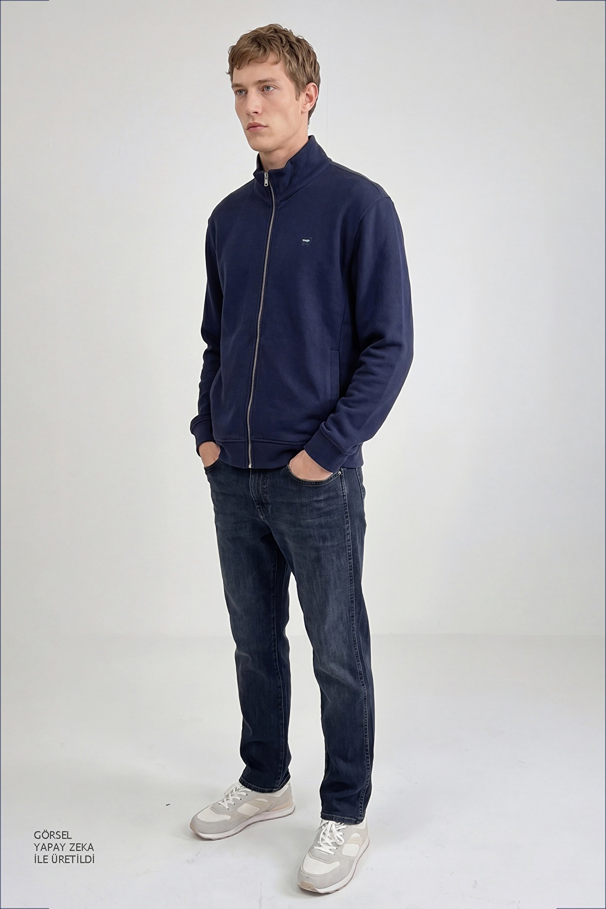 Pamuklu Relaxed Fit Dik Yaka Fermuarlı Selanik Örgü Sweatshirt - Navy-TW2520533410 (görsel 4)