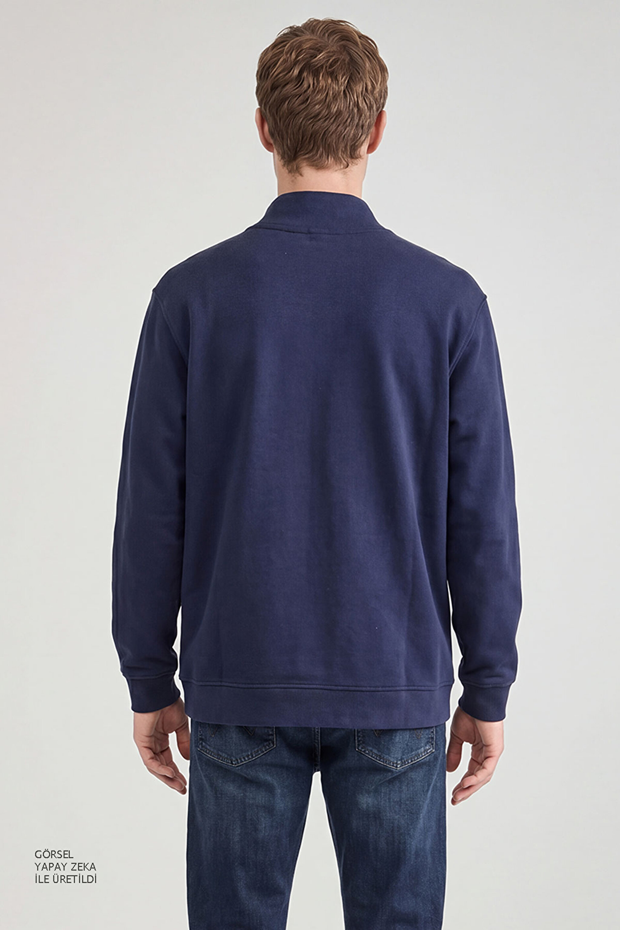 Pamuklu Relaxed Fit Dik Yaka Fermuarlı Selanik Örgü Sweatshirt - Navy-TW2520533410 (görsel 5)