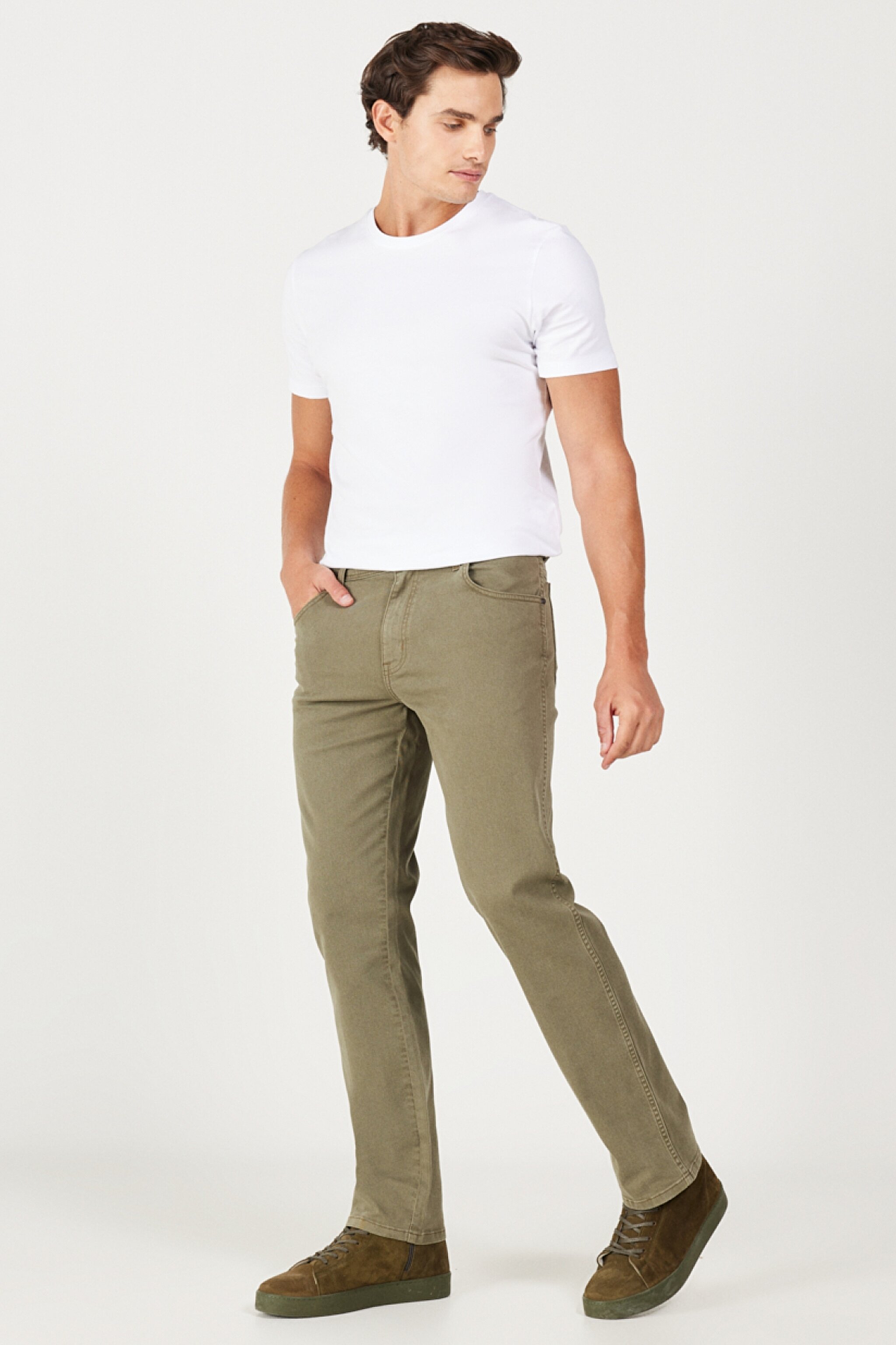 Regular Fit Normal Kesim Normal Bel Haki Esnek Pantolon - Militare Green-W121053G40 (görsel 4)