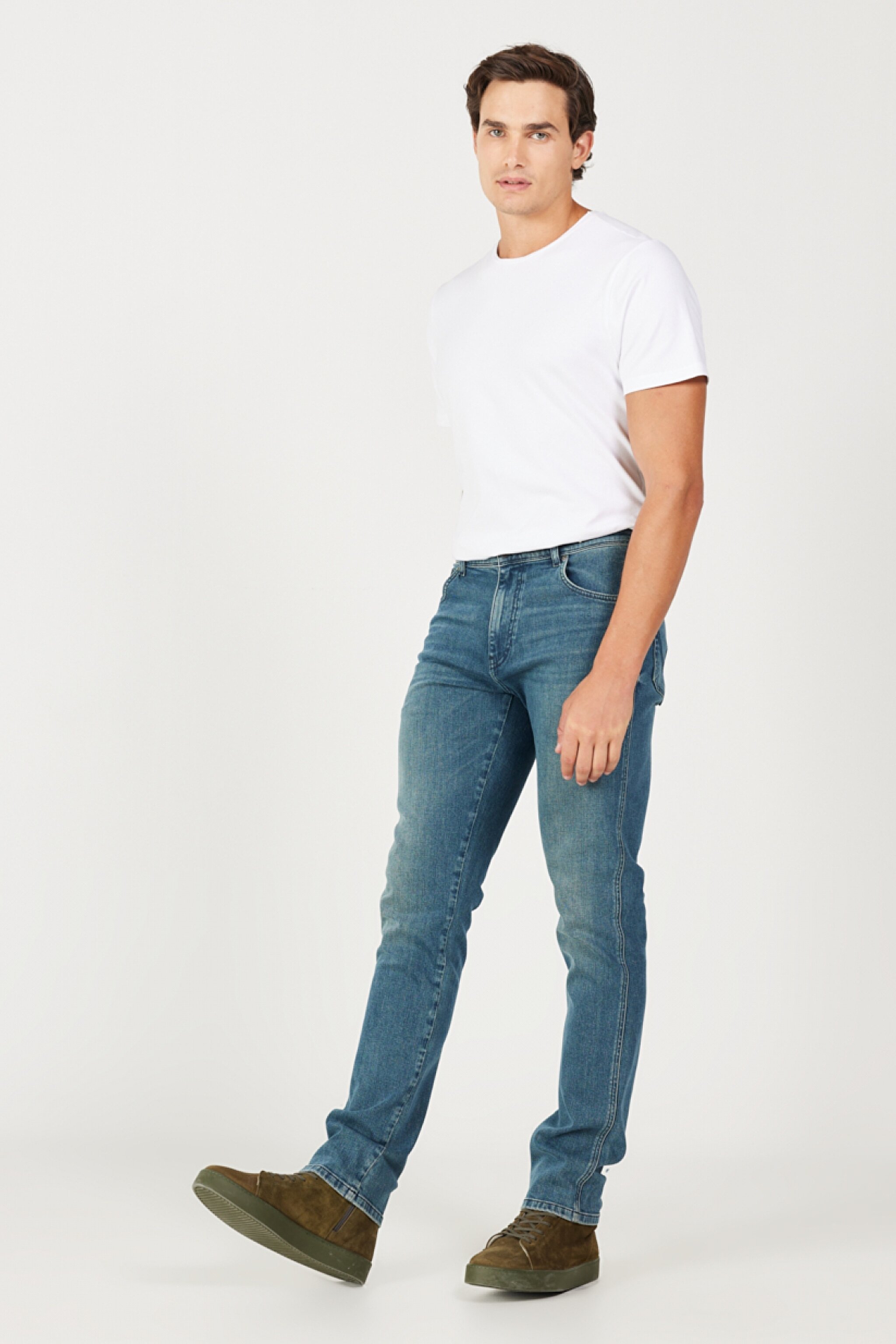 Slim Fit Dar Kesim Normal Bel Taşlamalı Mavi Esnek Texas Jean Kot Pantolon - Mid Wash-W12S04868 (görsel 3)