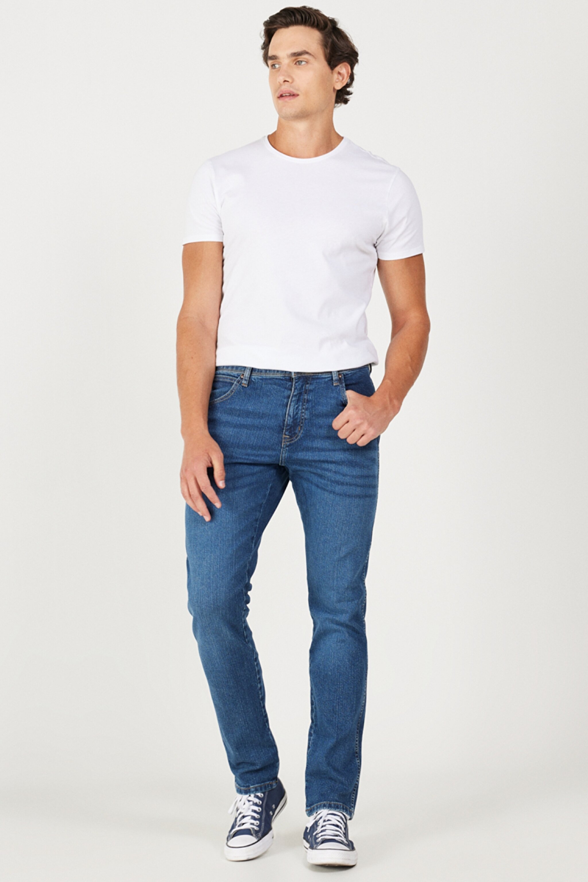Texas Slim Fit Dar Kesim Normal Bel Mavi Esnek Jean Kot Pantolon - Mid Blue-W12S057XT (görsel 4)