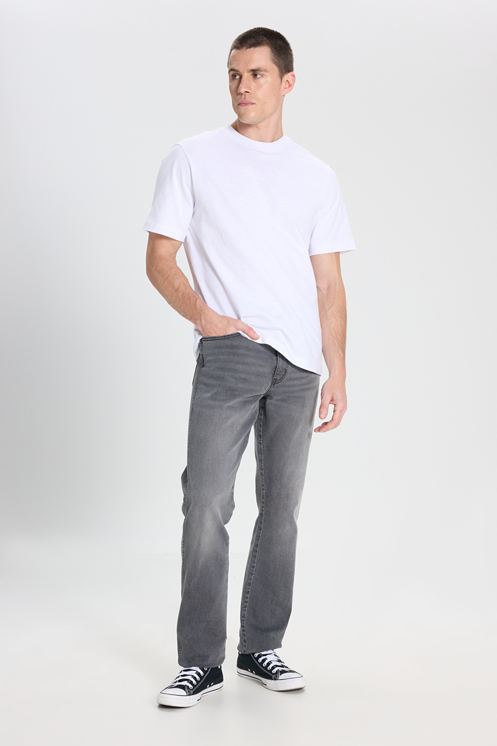 Slim Fit Dar Kesim Normal Bel Dar Paça Texas Antrasit Esnek Jean Denim Pantolon - Mid Anthracite-W12S099051 (görsel 2)