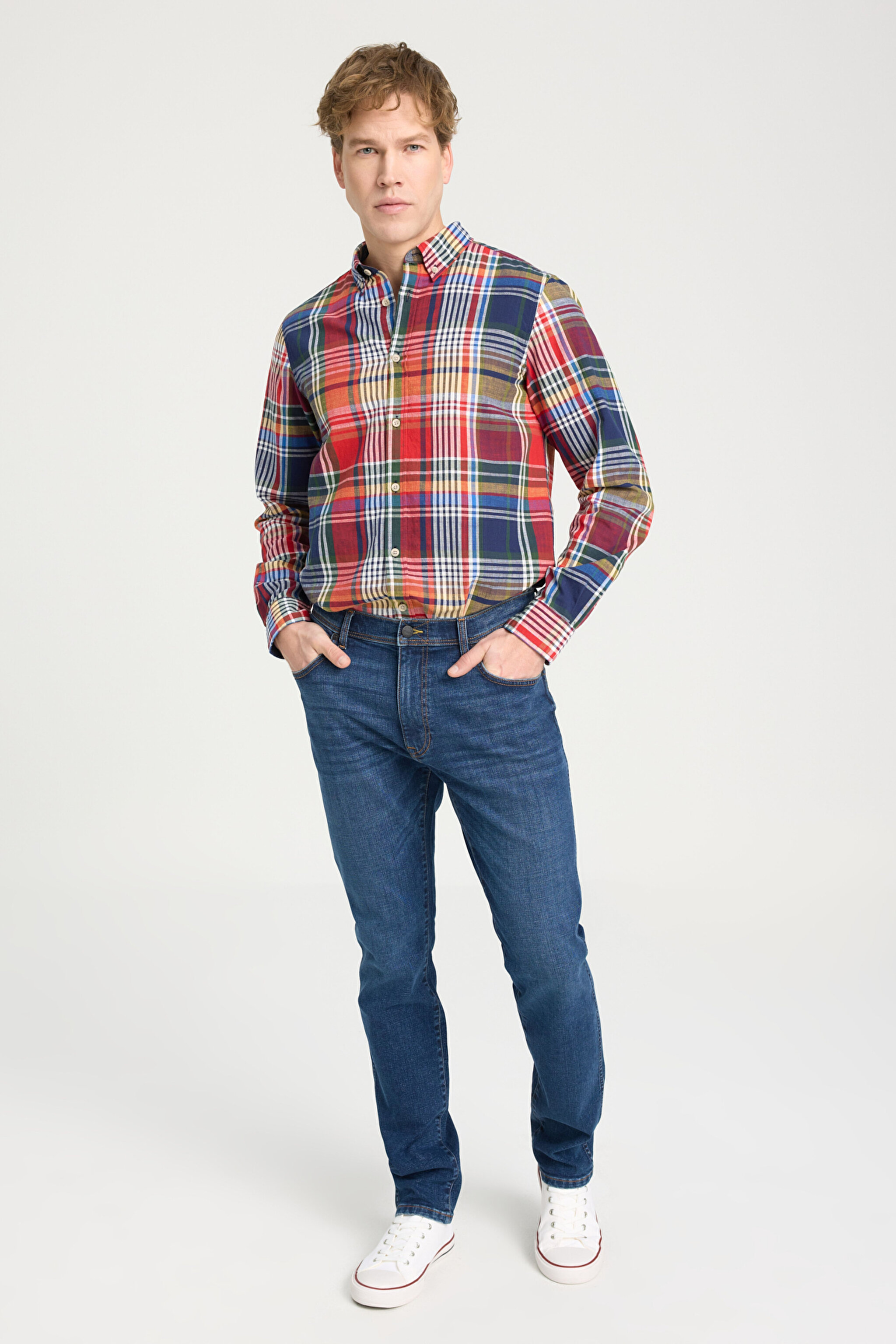 Regular Fit Normal Kesim Düşük Bel Dar Paça Mavi Texas Tapered Jean Kot Pantolon - Mid Blue-W12T020XT