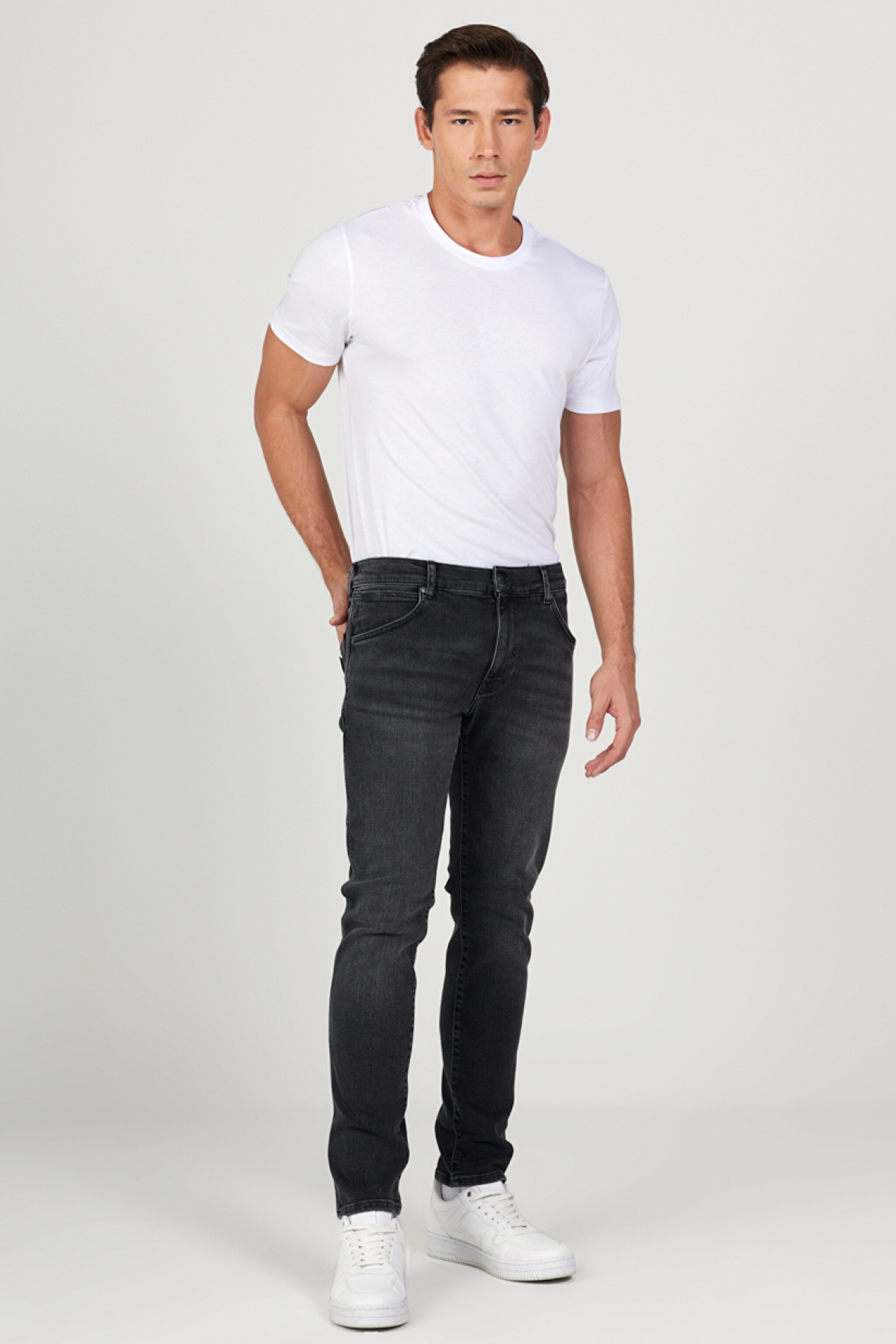 Slim Fit Dar Kesim Düşük Bel Taşlamalı Gri Esnek Larston Jean Denim Kot Pantolon - Stone-W18S02958 (görsel 2)