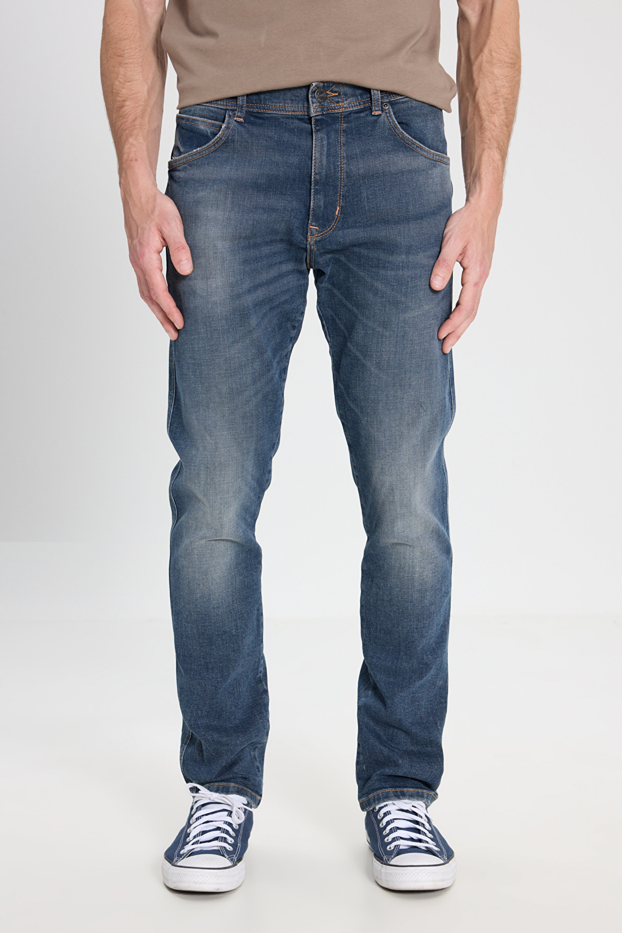 Slim Fit Dar Kesim Düşük Bel Taşlamalı Mavi Esnek Larston Jean Denim Kot Pantolon - Mid Blue-W18S031XT (görsel 3)