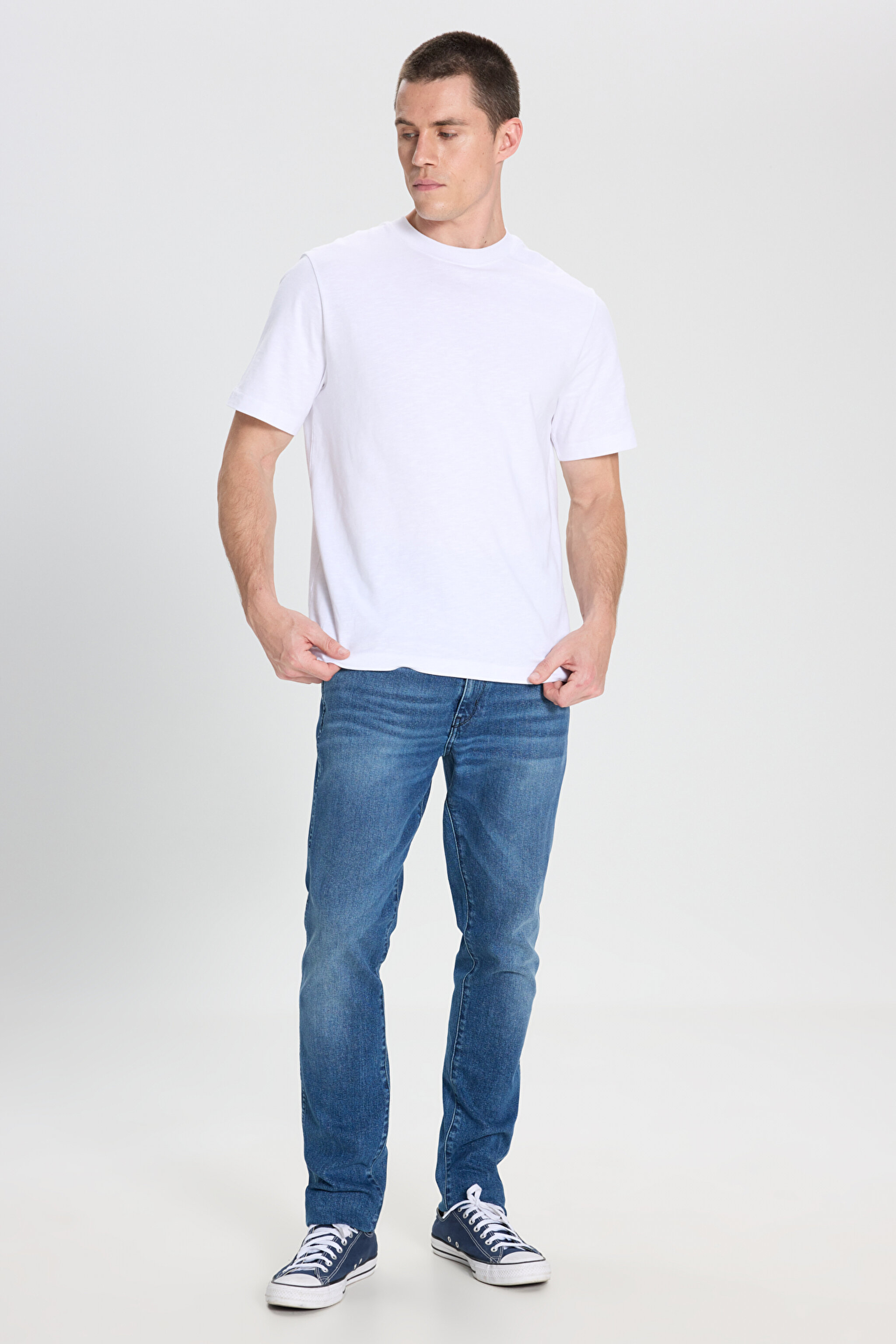 Slim Fit Dar Kesim Düşük Bel Normal Paça Larston Mavi Esnek Jean Denim Pantolon - Mid Indigo-W18S060318 (görsel 2)