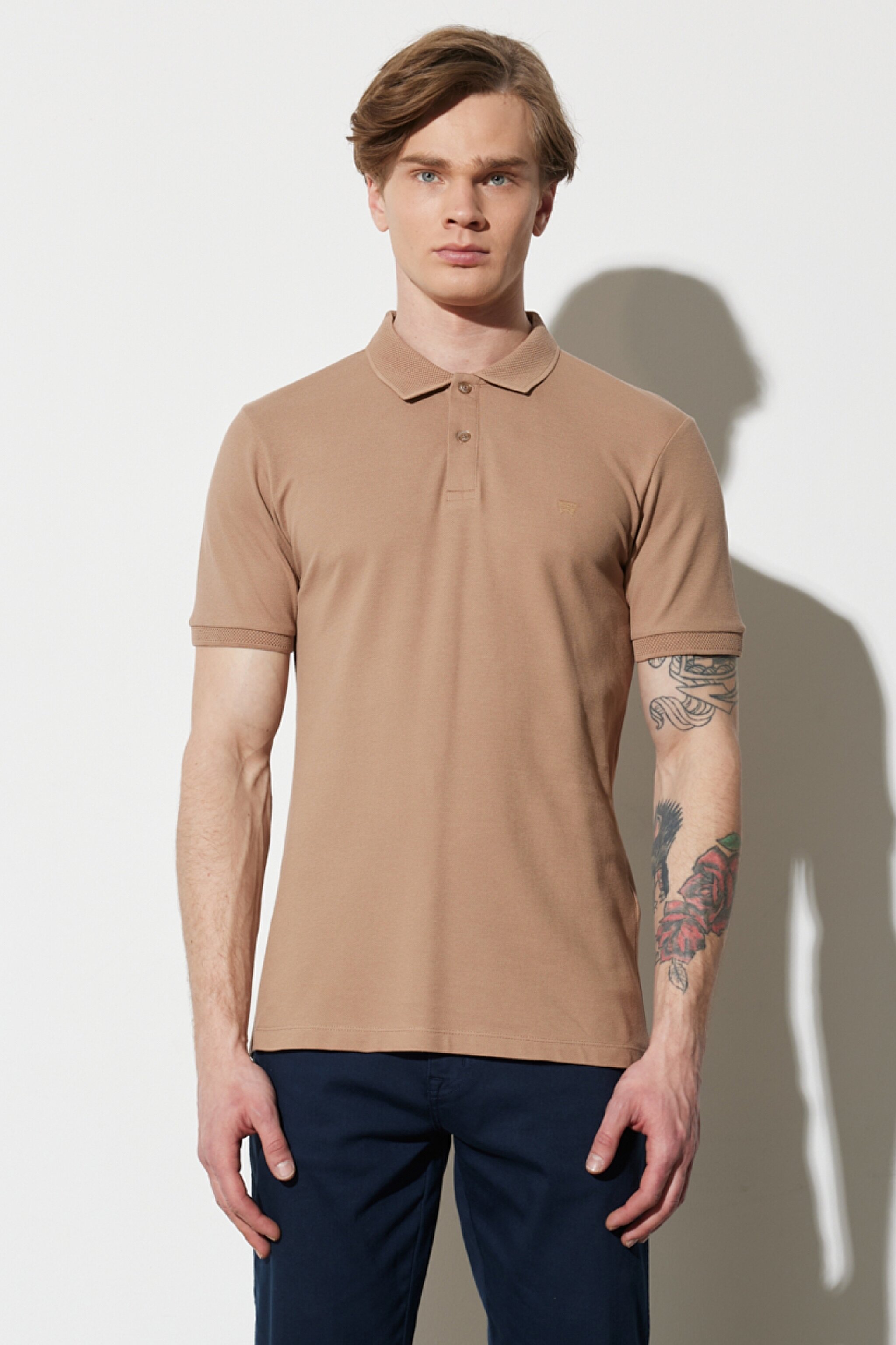 Regular Fit Normal Kesim %100 Pamuk Polo Yaka Camel Tişört