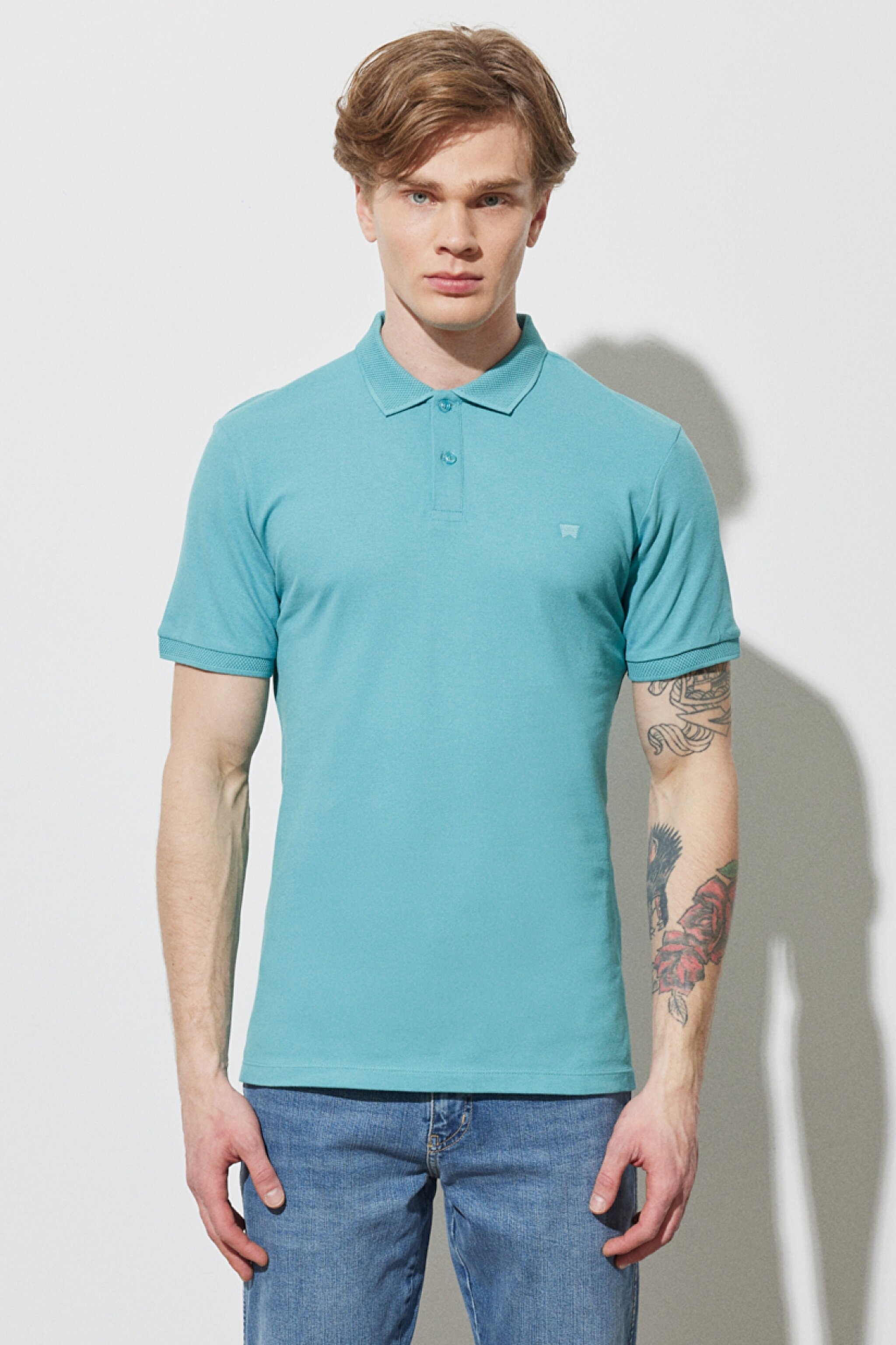 Regular Fit Normal Kesim %100 Pamuk Polo Yaka Turkuaz Tişört
