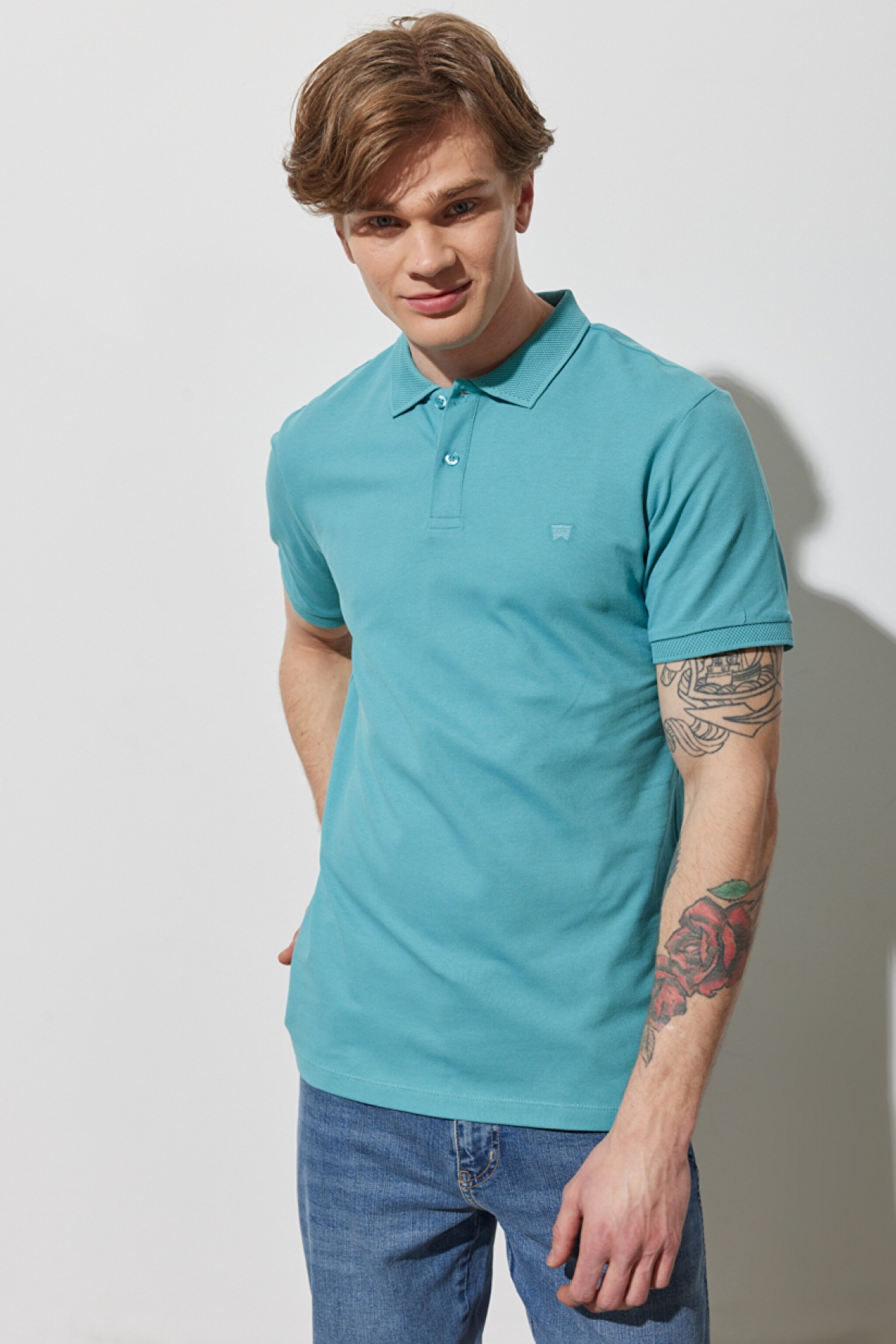 Regular Fit Normal Kesim %100 Pamuk Polo Yaka Turkuaz Tişört - Mint Green-W211837303 (görsel 2)