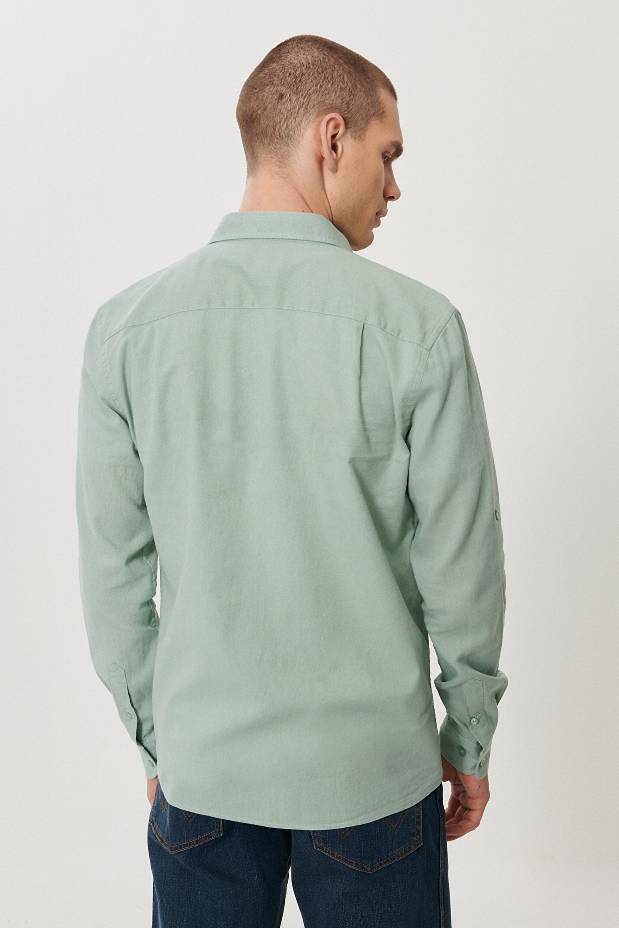 Regular Fit Normal Kesim Uzun Kollu Keten Gömlek - Green-W211841300 (görsel 5)