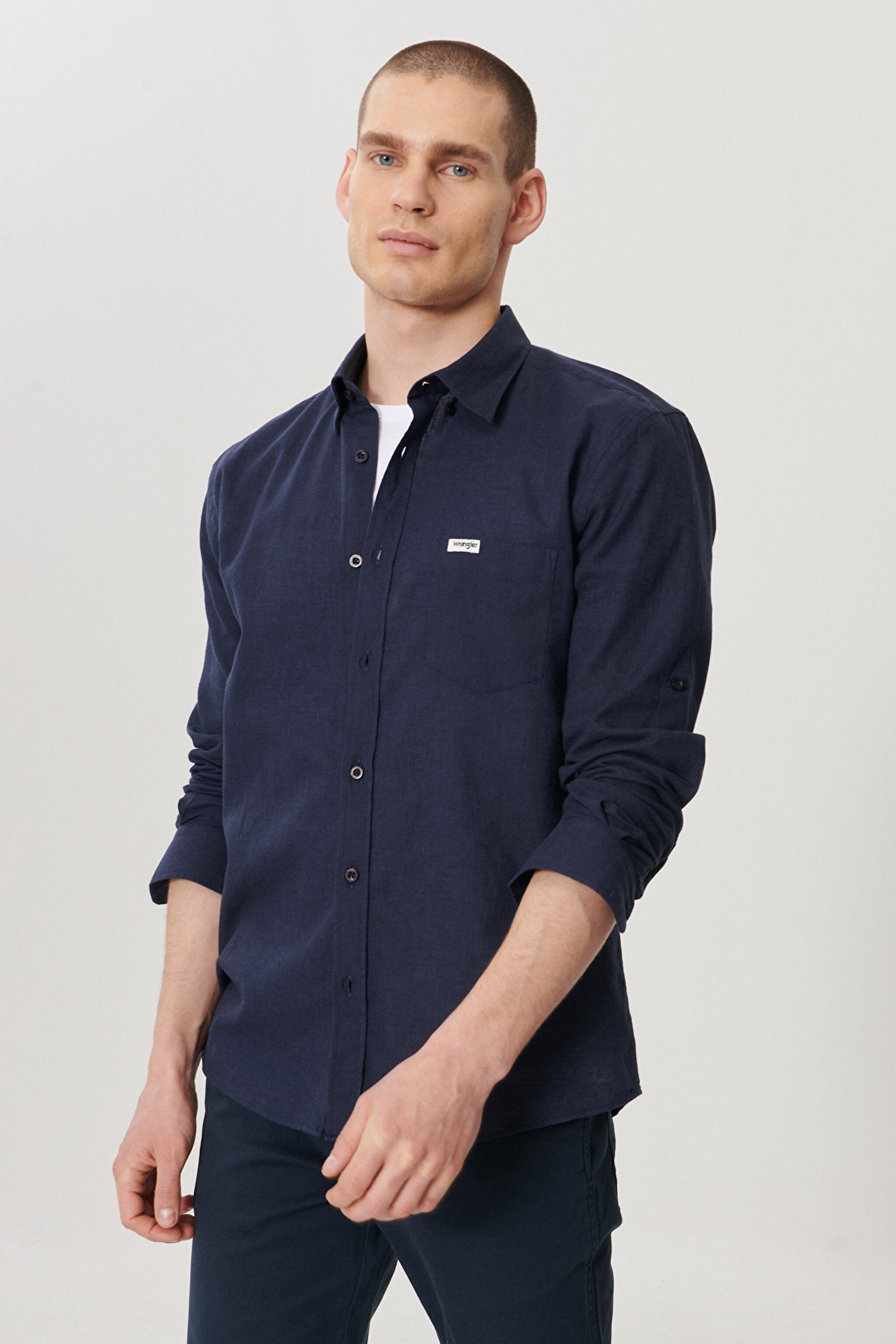 Regular Fit Normal Kesim Uzun Kollu Keten Gömlek - Navy-W211841410