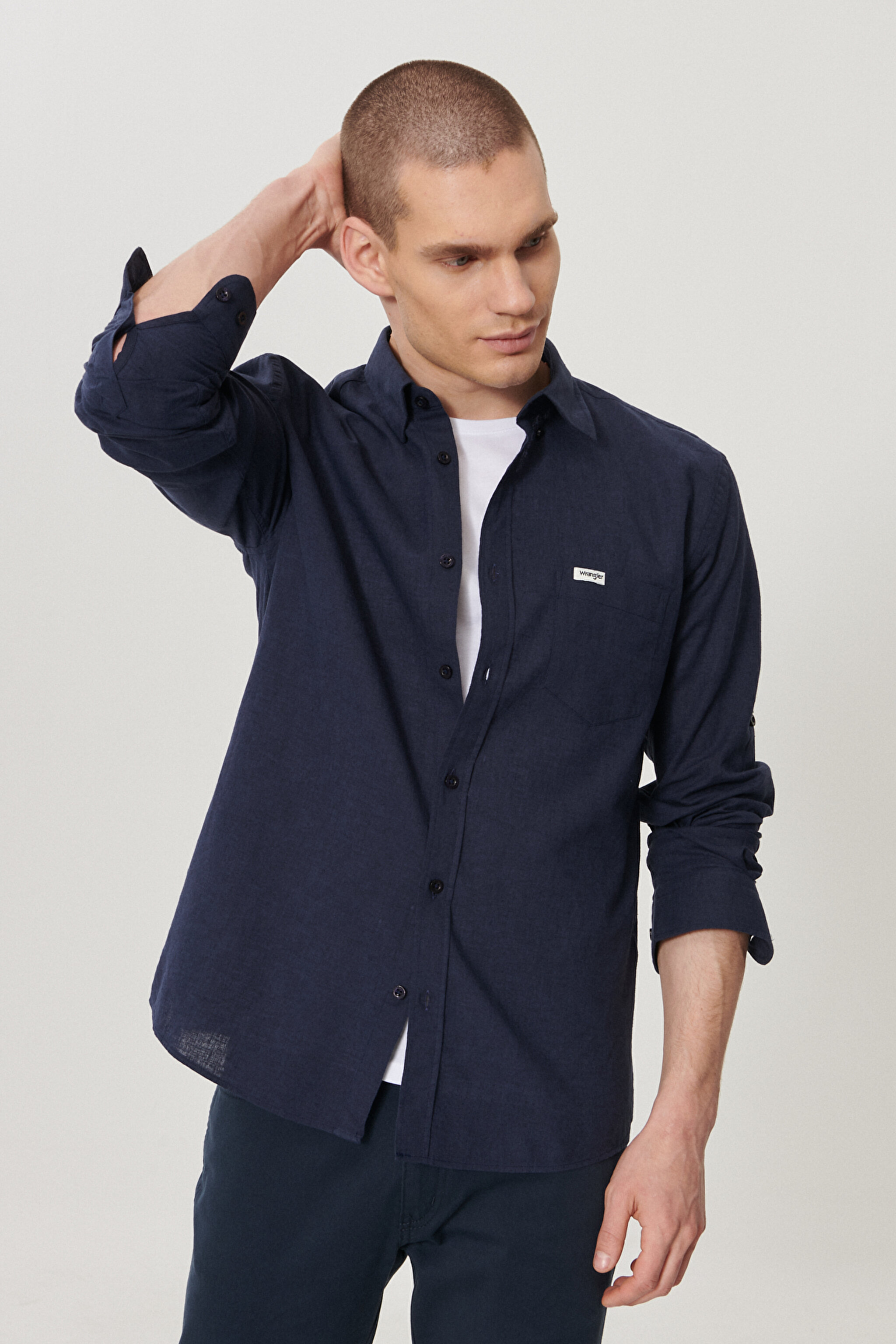 Regular Fit Normal Kesim Uzun Kollu Keten Gömlek - Navy-W211841410 (görsel 4)