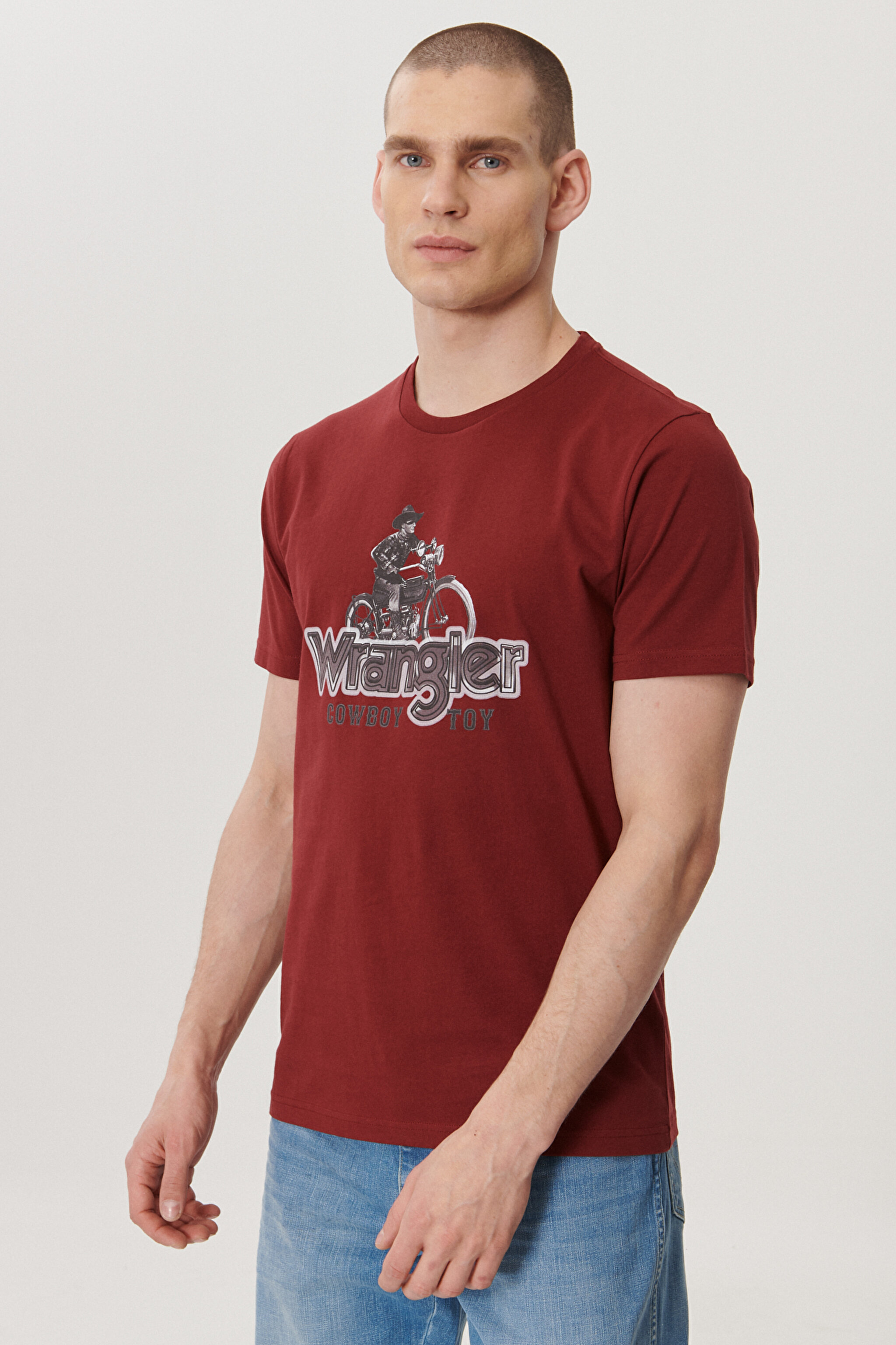 Regular Fit Normal Kesim Sıfır Yaka %100 Pamuk Logolu Tişört - Claret Red-W211932606 (görsel 3)