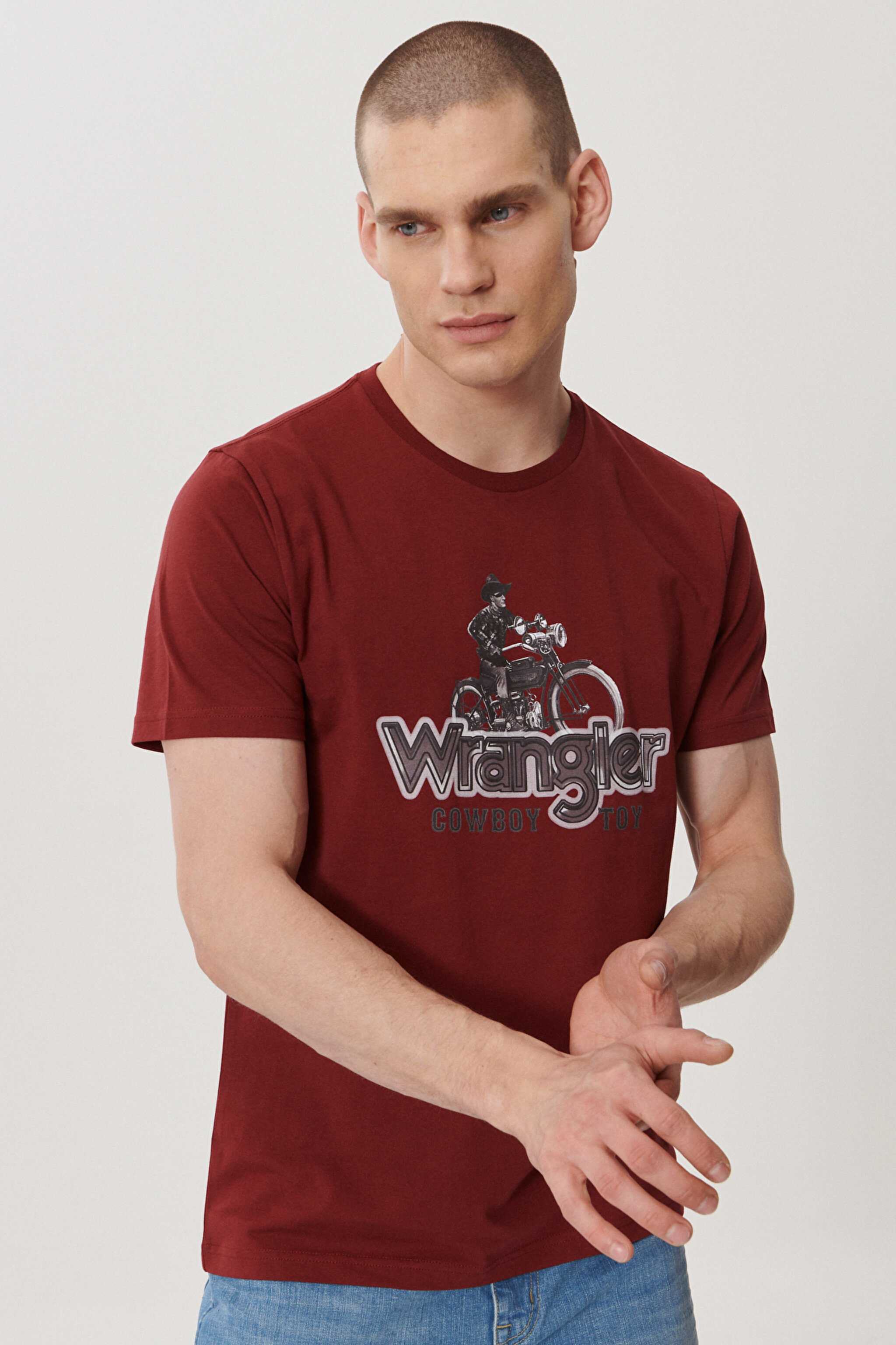 Regular Fit Normal Kesim Sıfır Yaka %100 Pamuk Logolu Tişört - Claret Red-W211932606 (görsel 4)
