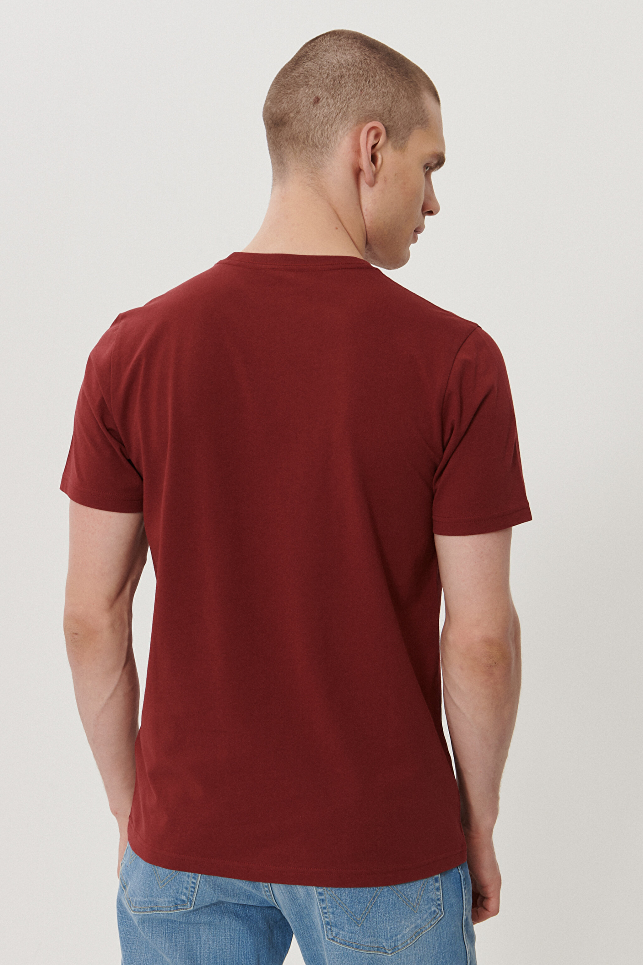 Regular Fit Normal Kesim Sıfır Yaka %100 Pamuk Logolu Tişört - Claret Red-W211932606 (görsel 5)