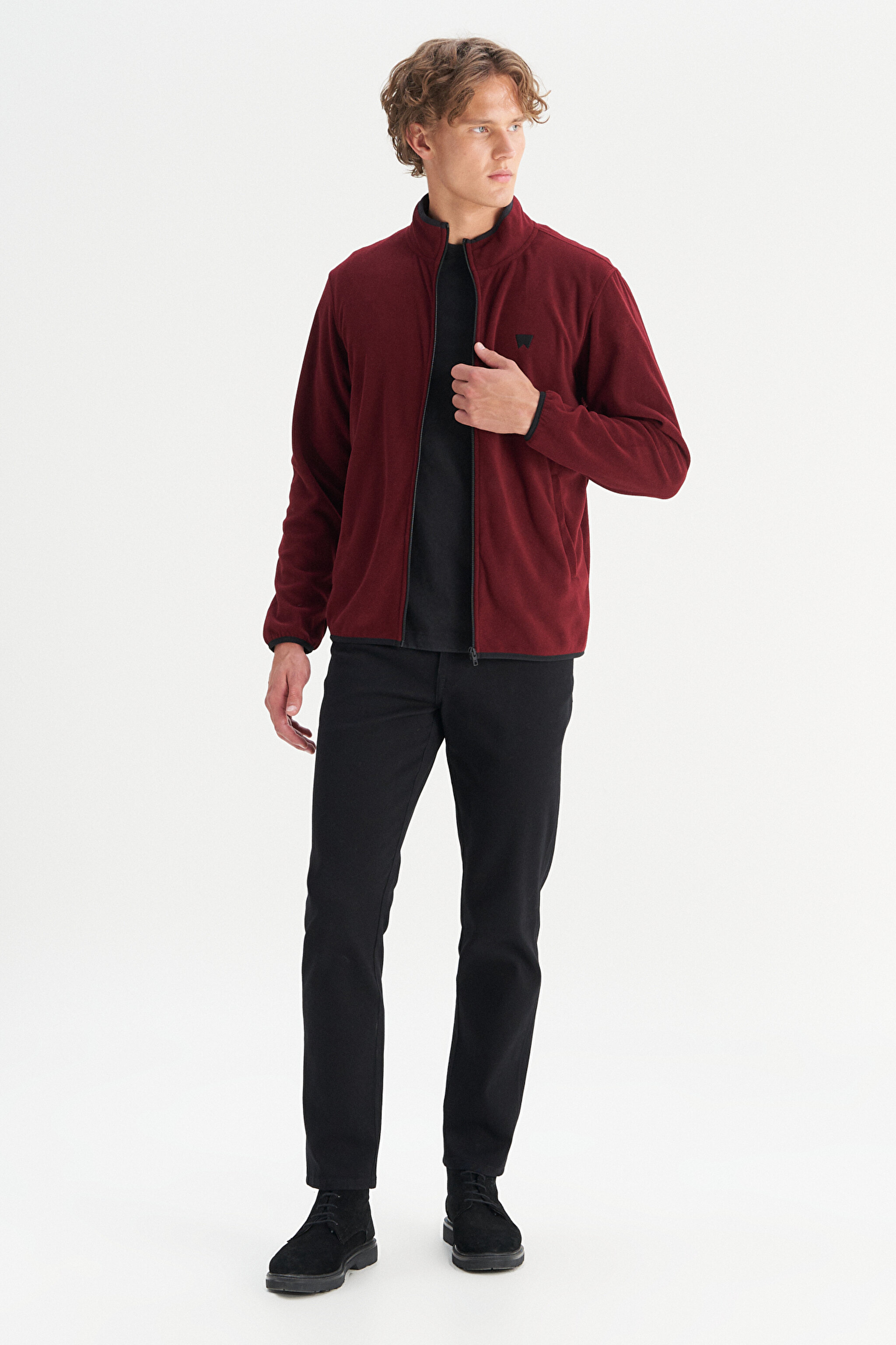 Regular Fit Normal Kesim Dik Yaka Fermuarlı Bordo Polar Ceket - Wine-W212239810 (görsel 2)