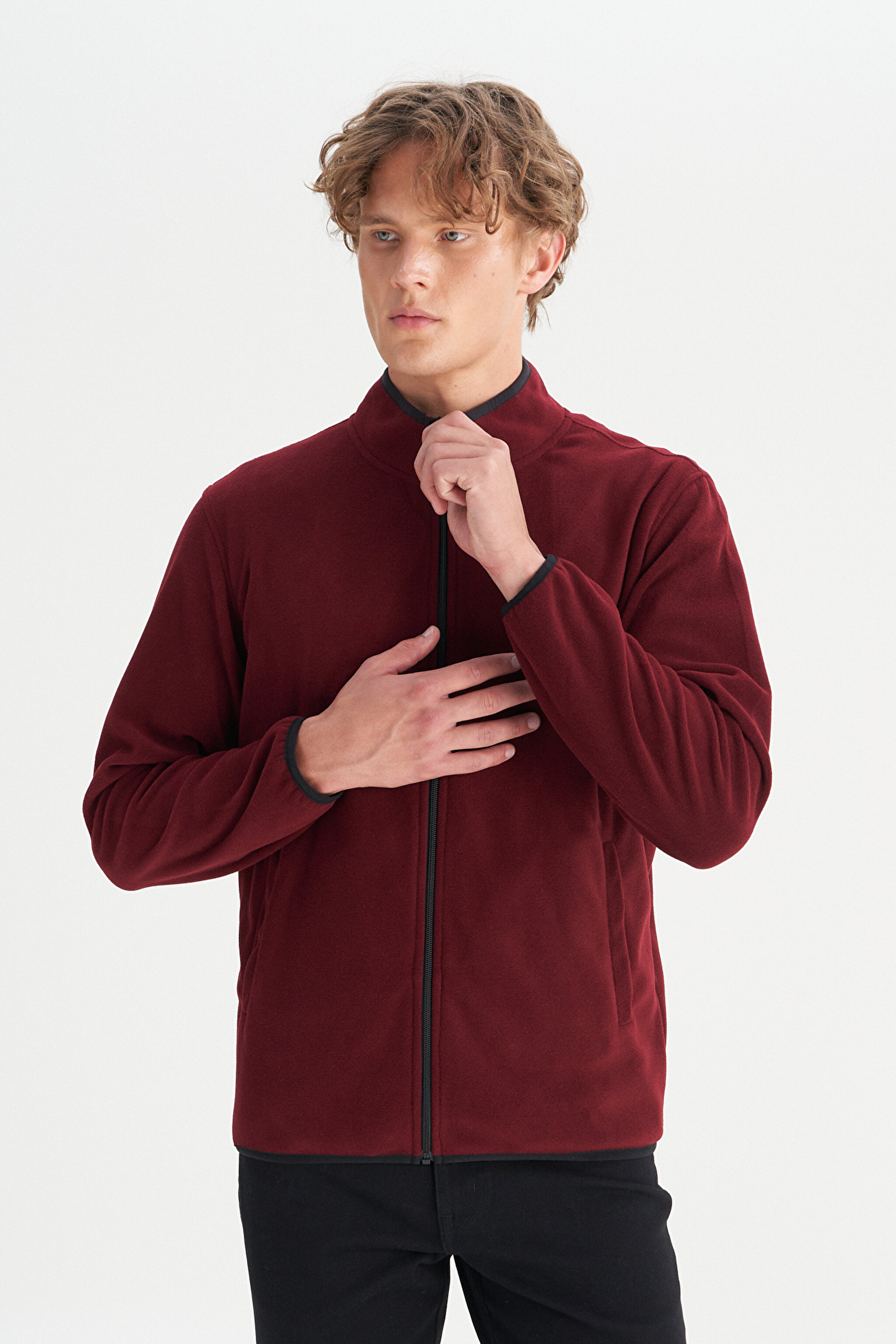 Regular Fit Normal Kesim Dik Yaka Fermuarlı Bordo Polar Ceket - Wine-W212239810 (görsel 3)
