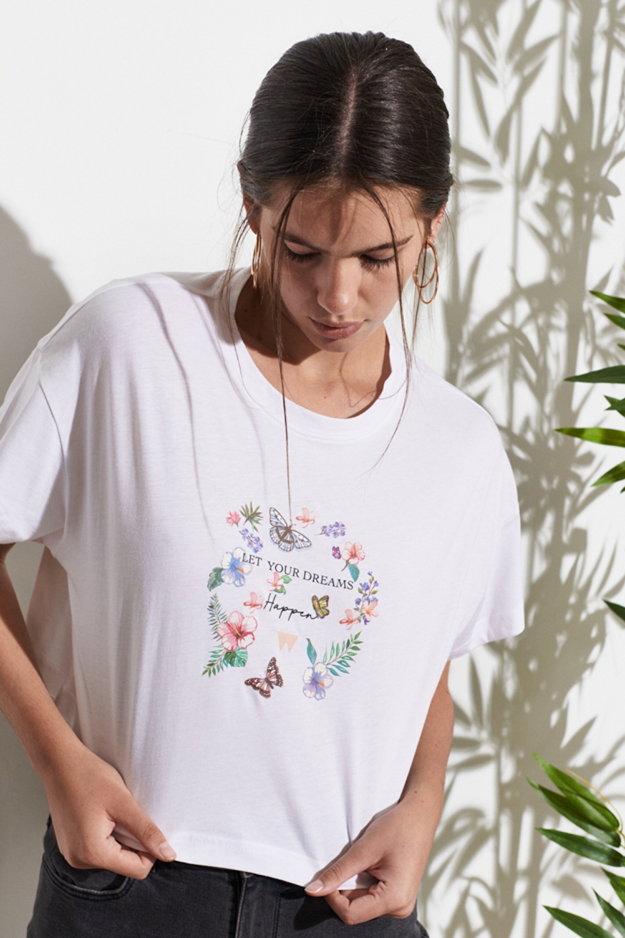 Loose Fit Sıfır Yaka %100 Pamuk Kısa Kollu Beyaz Tişört