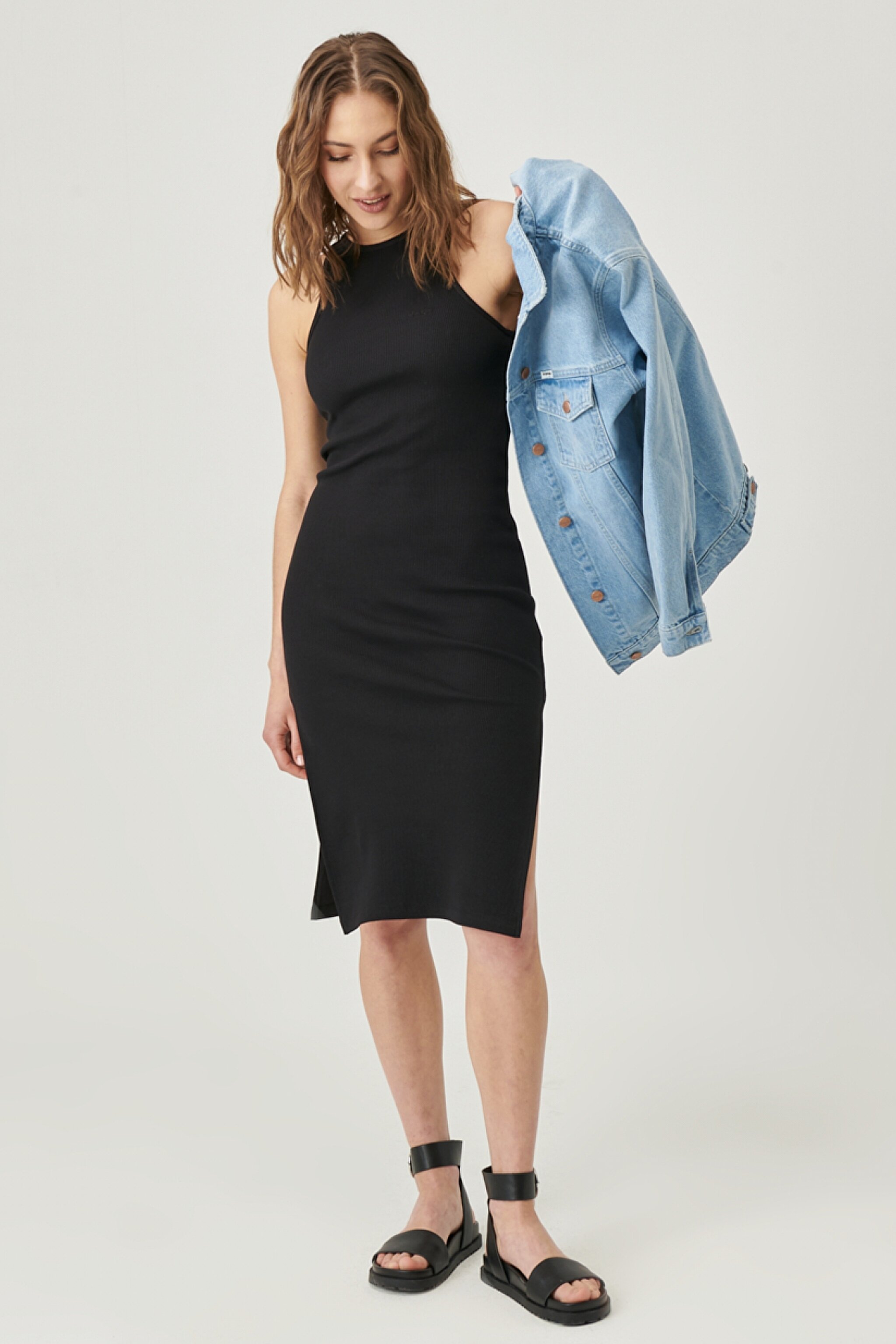 Skinny Fit %100 Pamuk Kolsuz Elbise - Black-W221328001