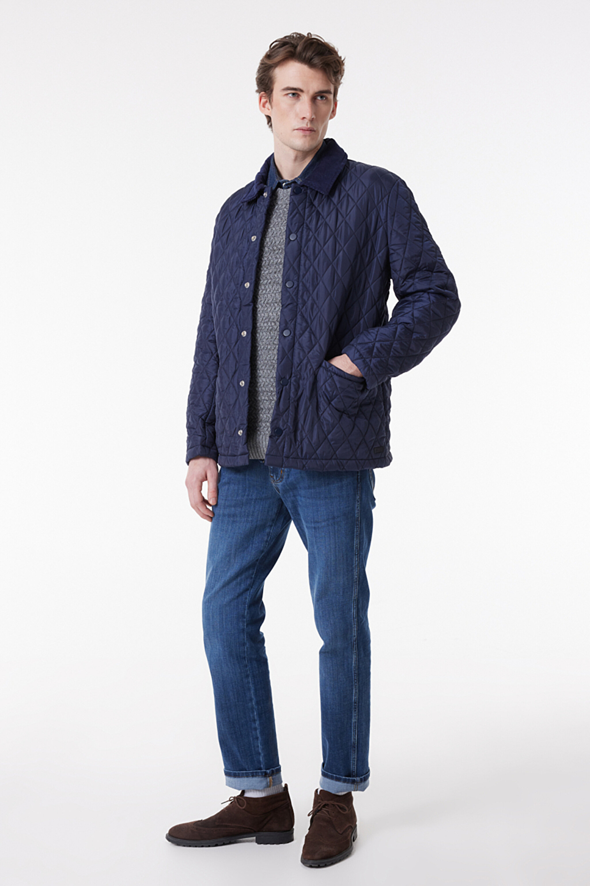 Regular Fit Normal Kesim Bisiklet Yaka Kapitone Lacivert Ceket - Navy-W222010410