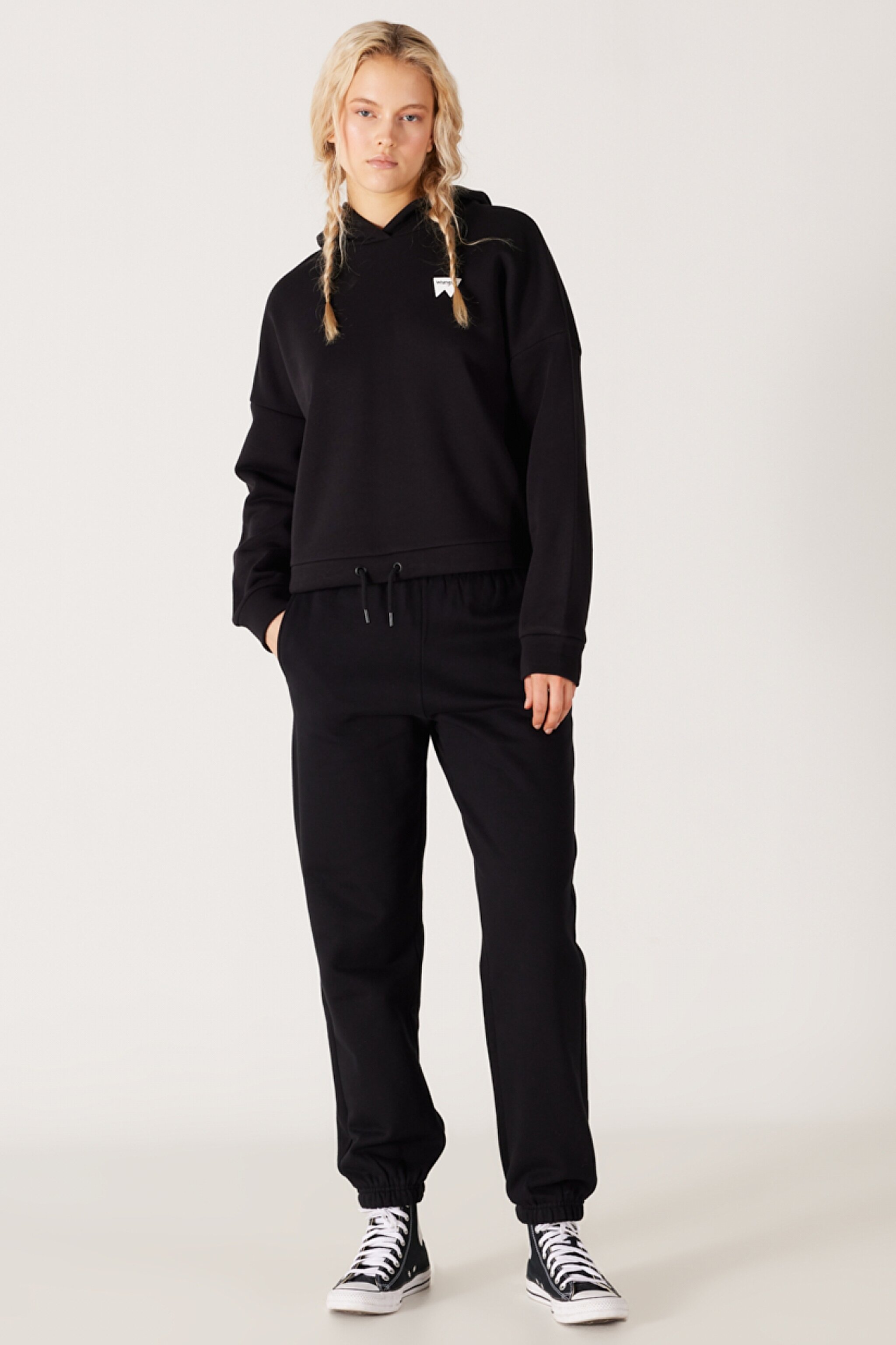 Loose Fit Rahat Kesim %100 Pamuk Kapüşonlu Siyah Şardonlu Sweatshirt - Black-W222079001 (görsel 6)