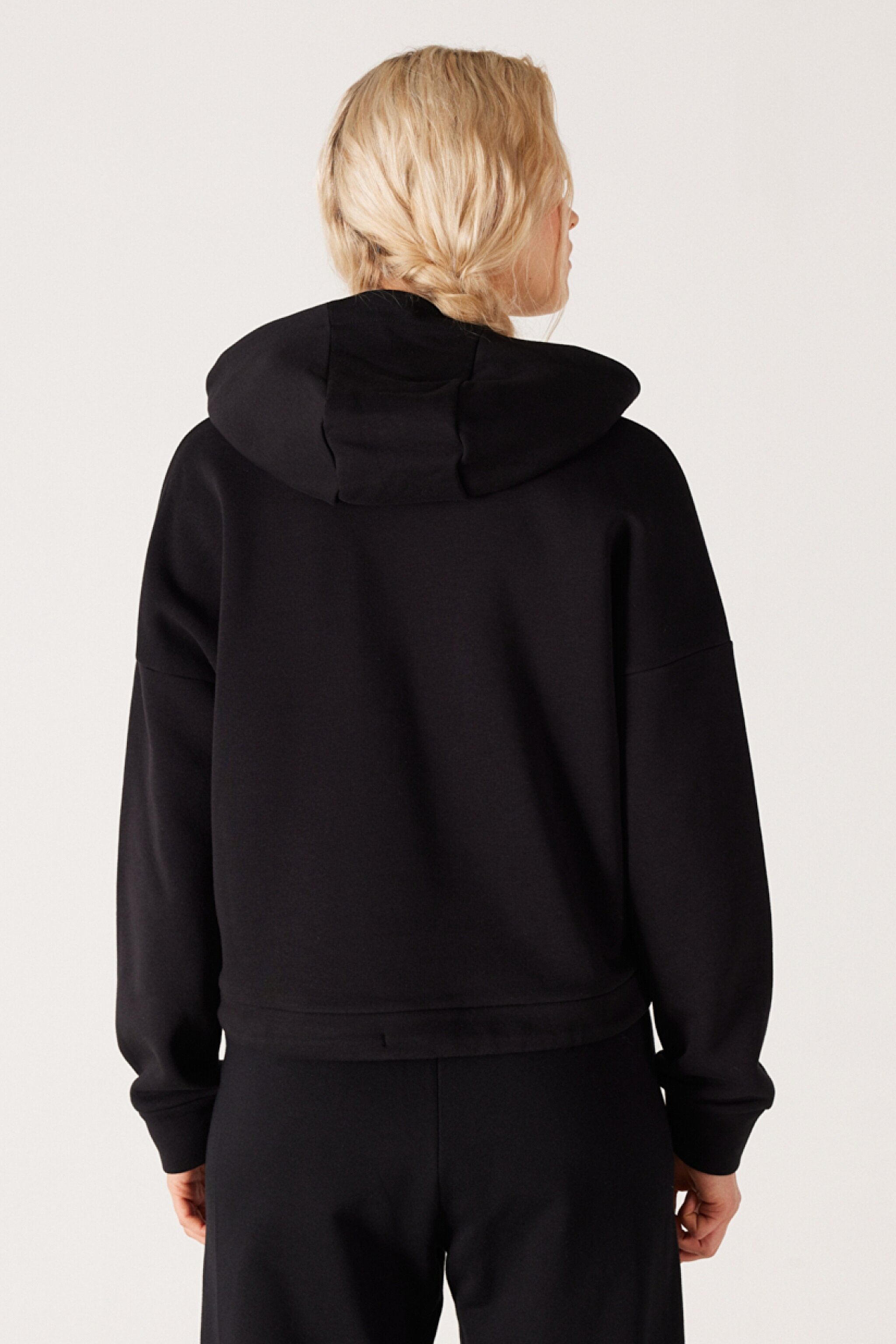 Loose Fit Rahat Kesim %100 Pamuk Kapüşonlu Siyah Şardonlu Sweatshirt - Black-W222079001 (görsel 7)