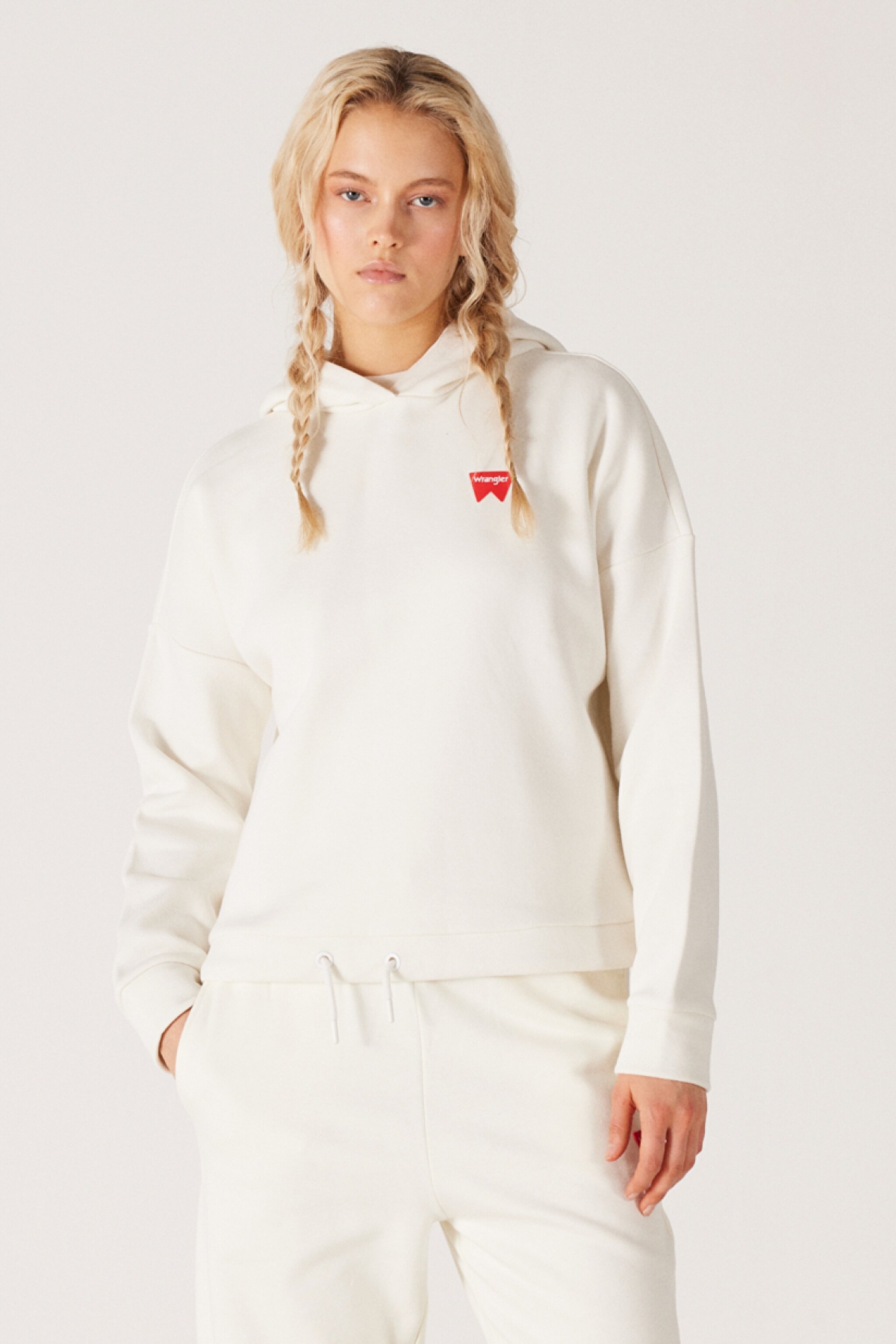 Loose Fit Rahat Kesim Kapüşonlu Yaka Şardonlu Kırık Beyaz Sweatshirt