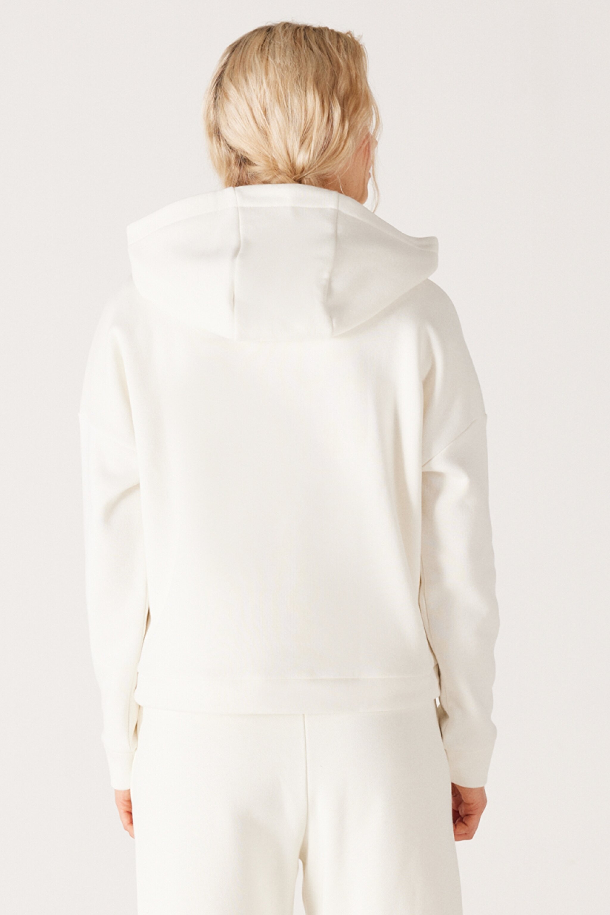 Loose Fit Rahat Kesim Kapüşonlu Yaka Şardonlu Kırık Beyaz Sweatshirt - Off White-W222079102 (görsel 6)