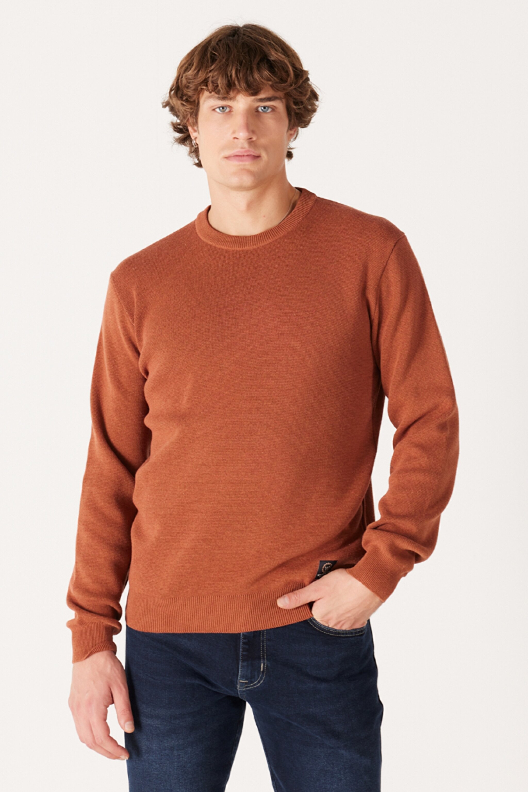 Regular Fit Normal Kesim Bisiklet Yaka Kahverengi Triko Kazak - Brown-W222106220