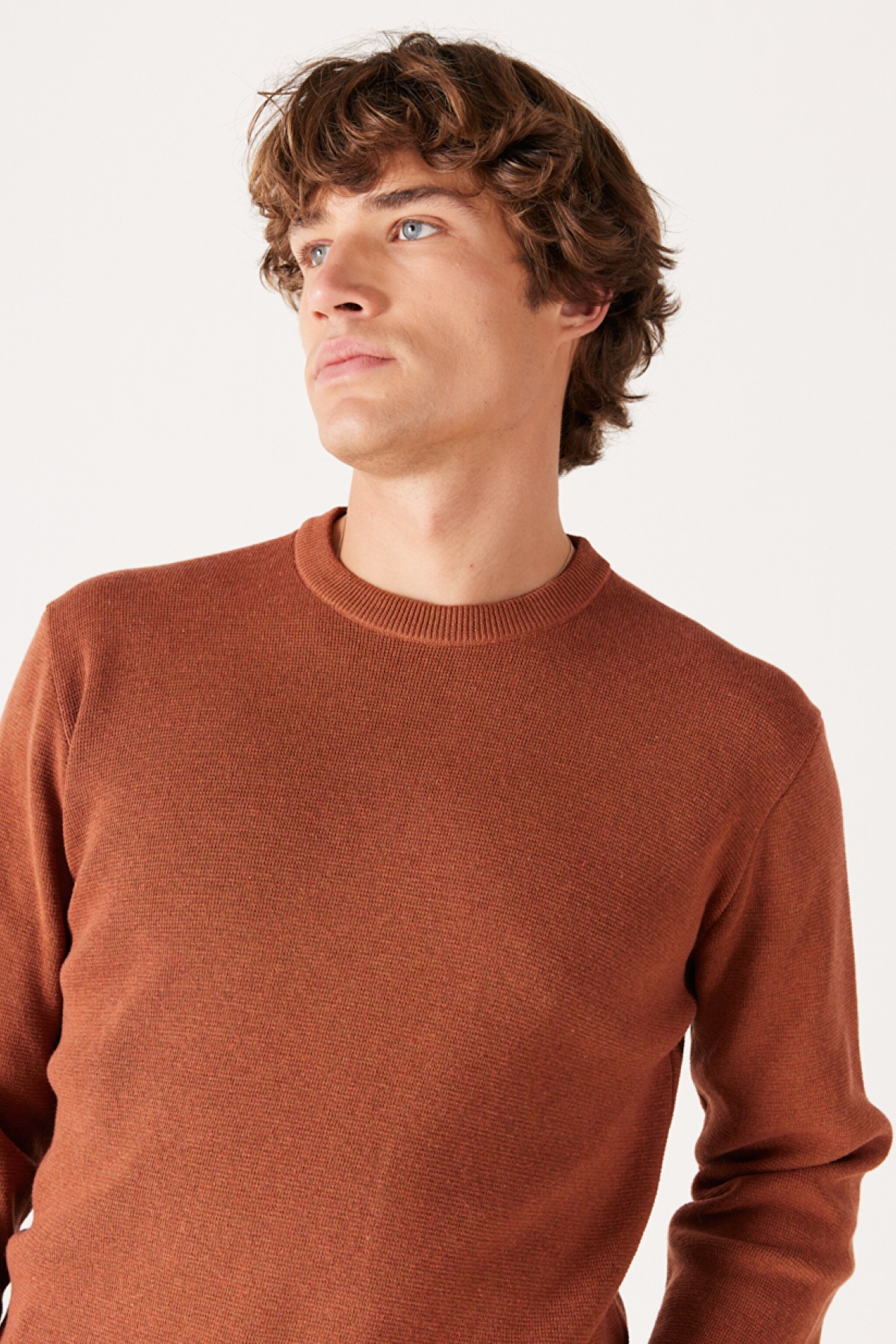 Regular Fit Normal Kesim Bisiklet Yaka Kahverengi Triko Kazak - Brown-W222106220 (görsel 4)