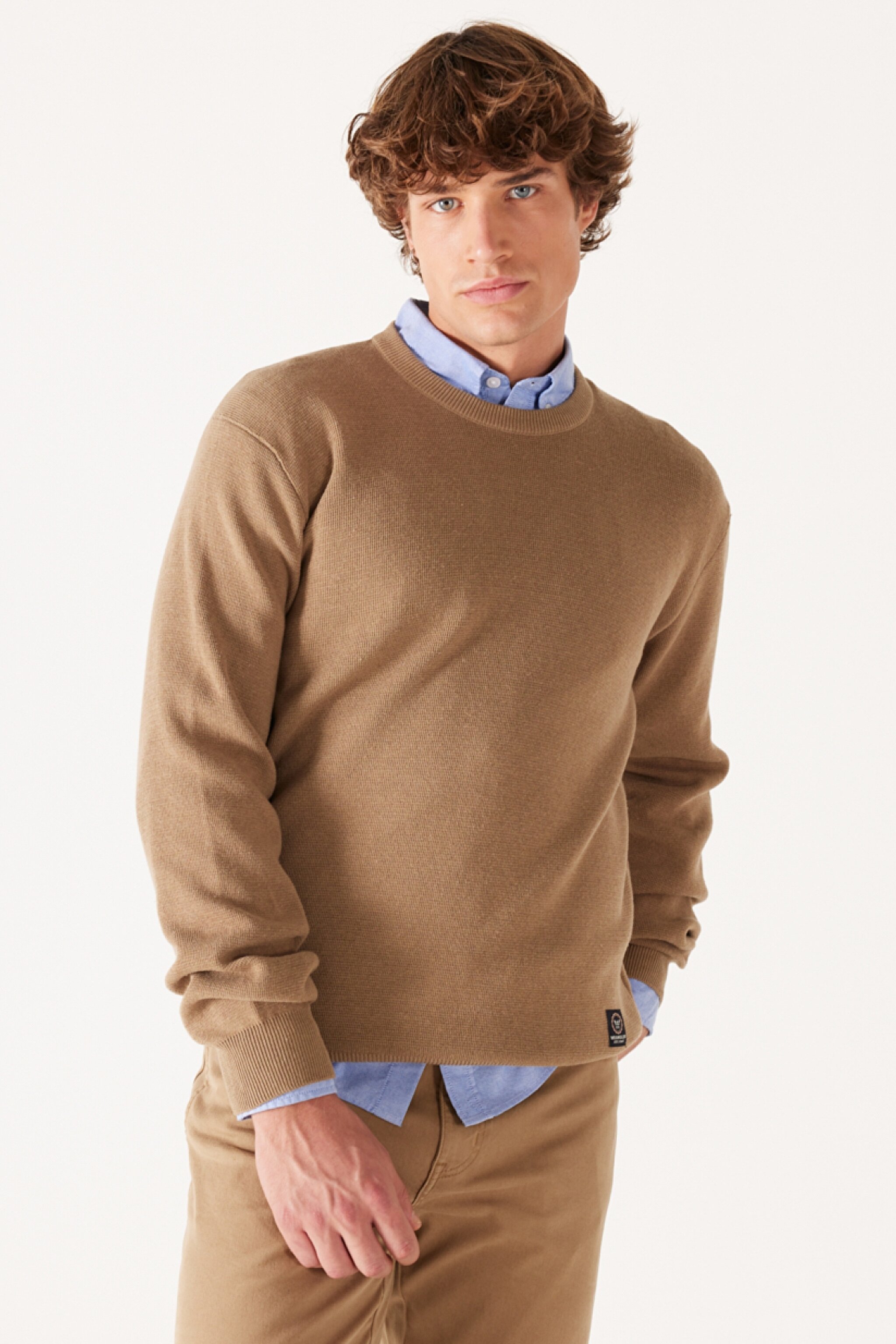 Regular Fit Normal Kesim Bisiklet Yaka Camel Tirko Kazak