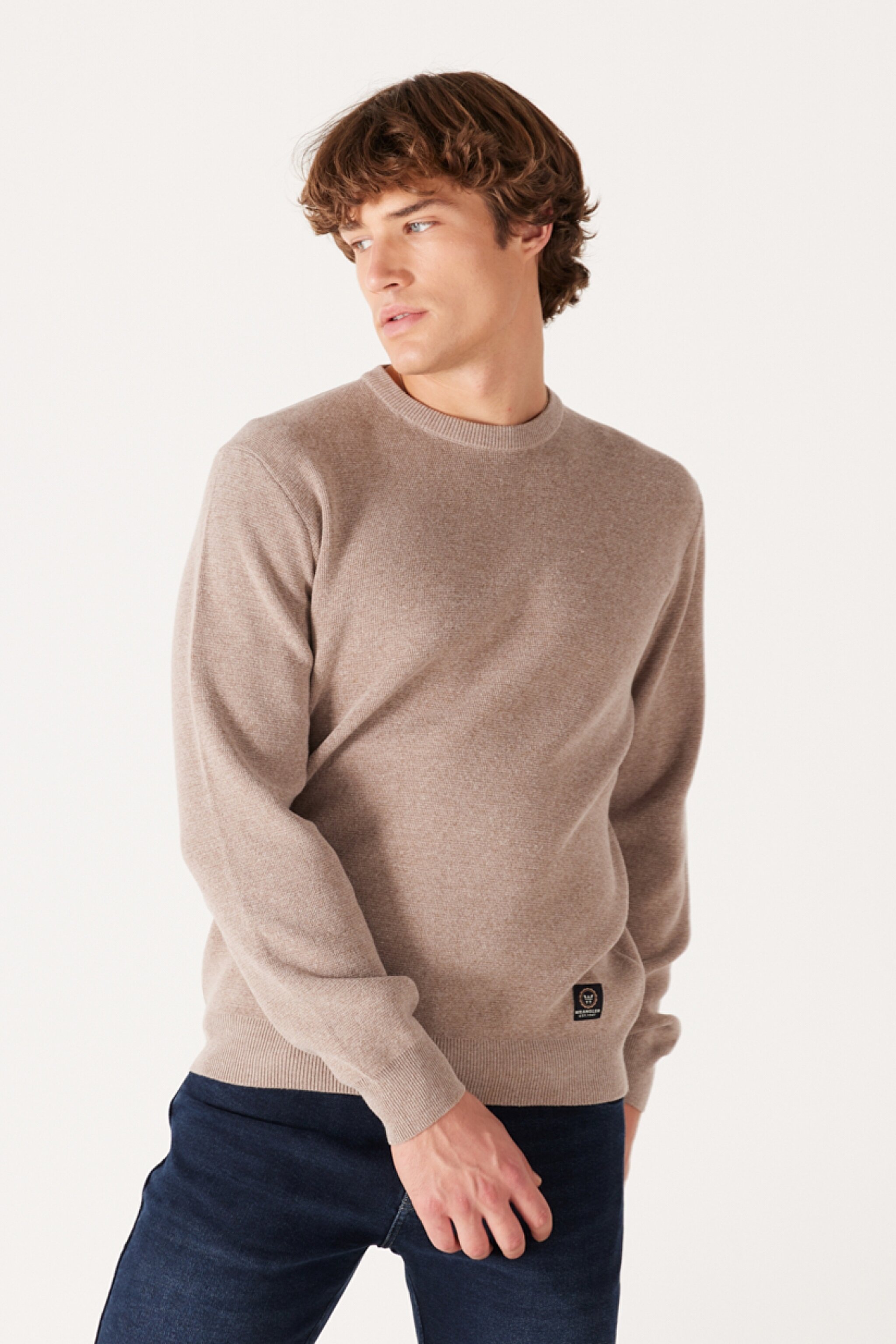 Regular Fit Normal Kesim Bisiklet Yaka Bej Triko Kazak