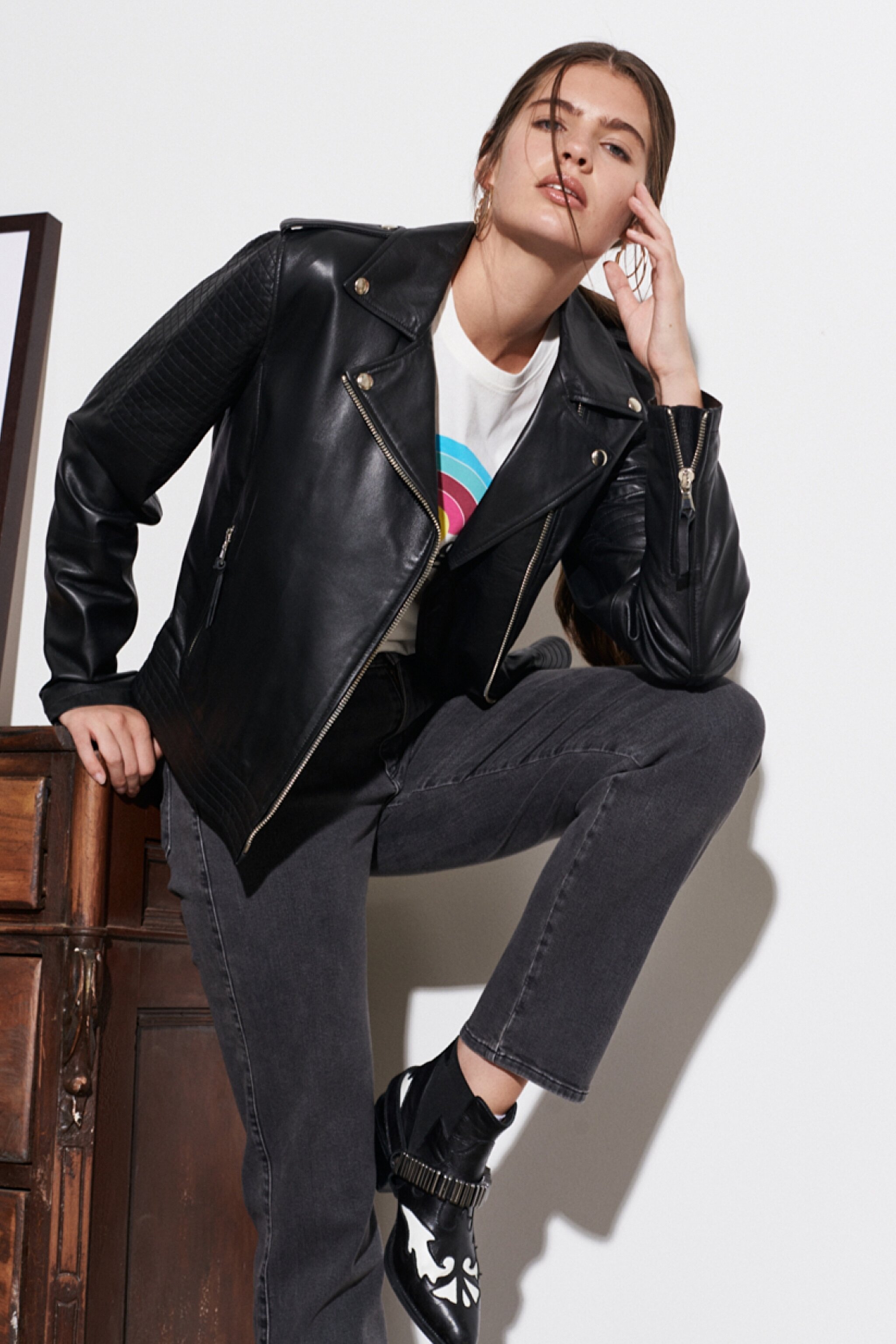 Regular Fit %100 Deri Biker Ceket