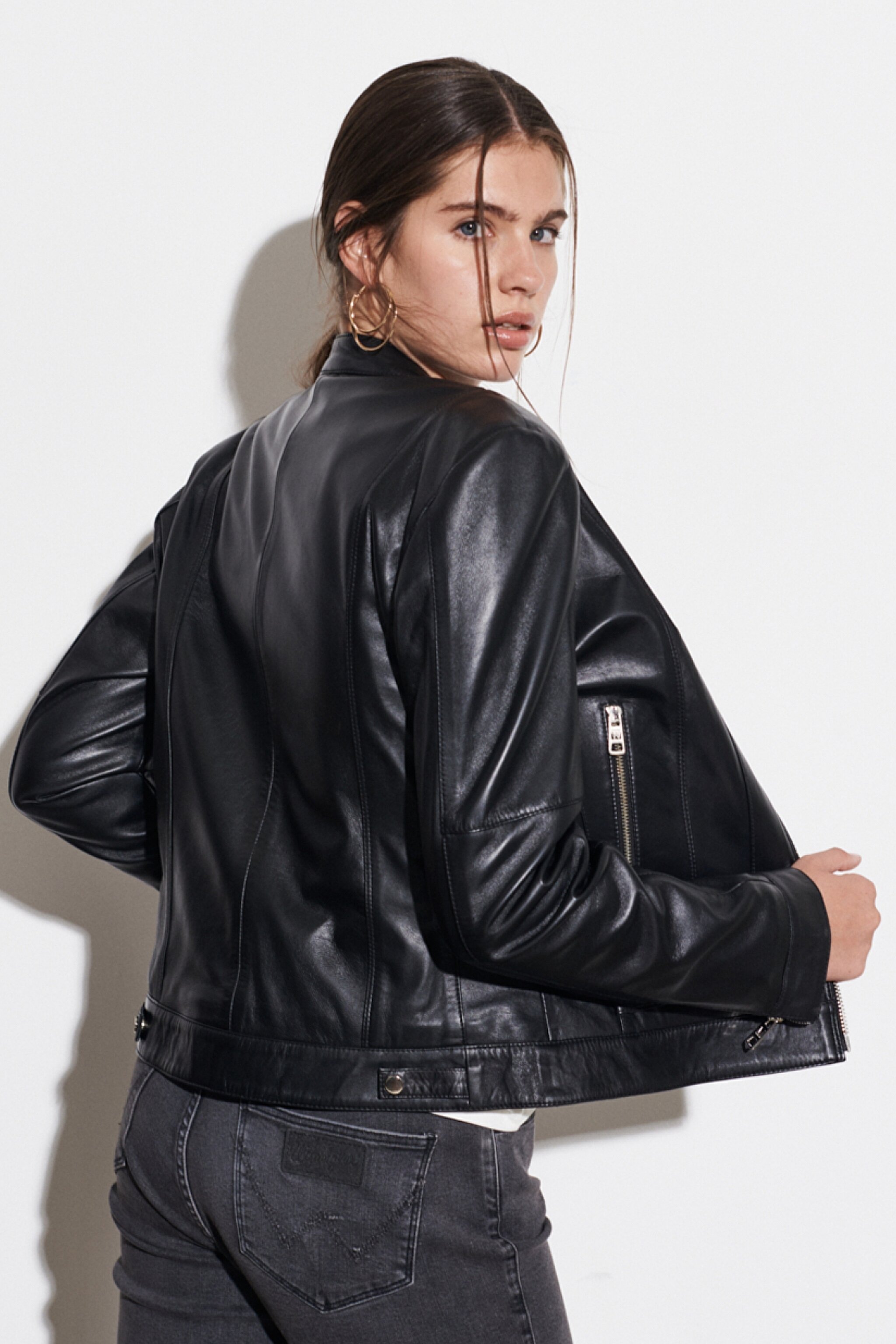 Regular Fit %100 Deri Biker Ceket - Black-W222236001 (görsel 7)