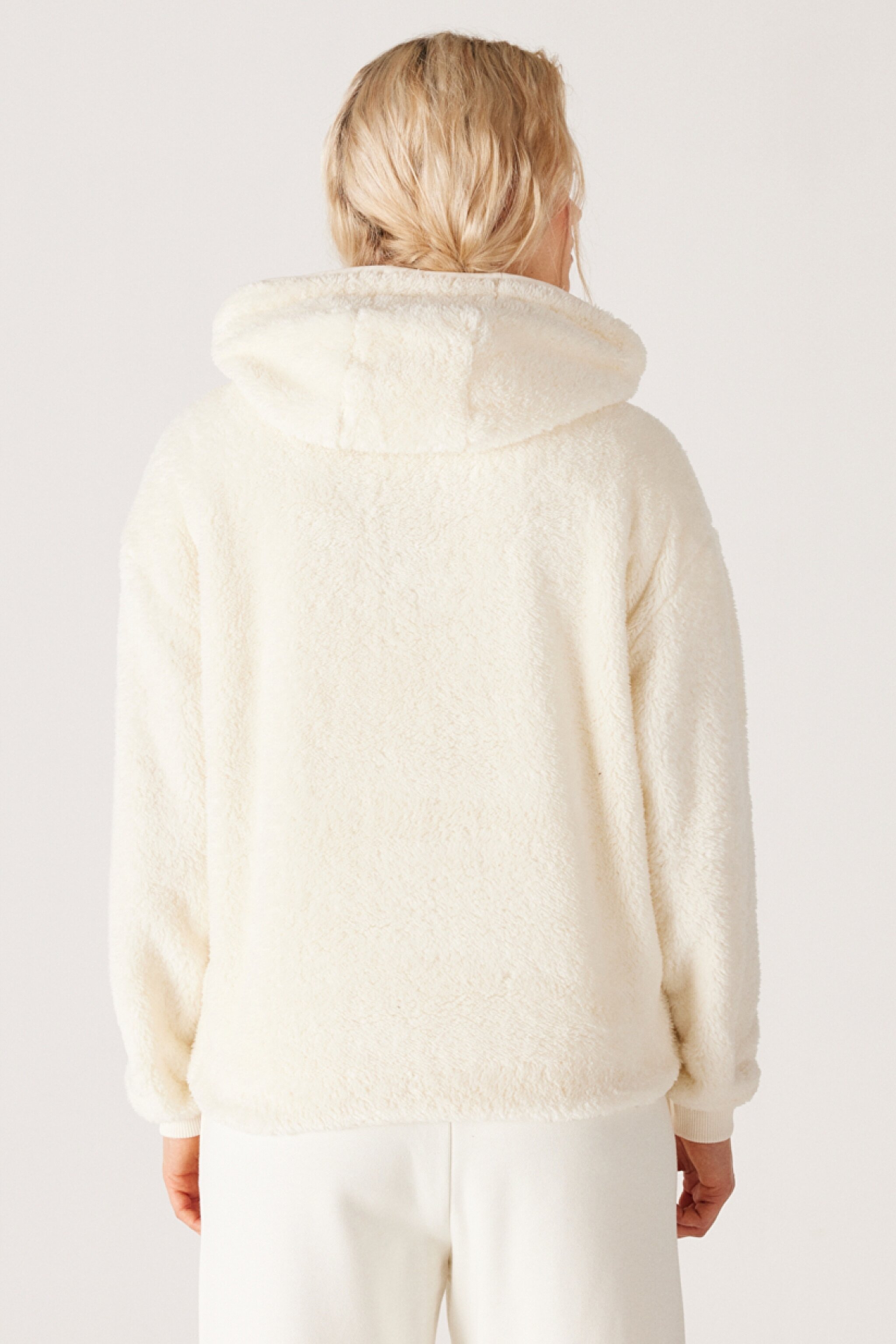 Regular Fit Normal Kesim Kapüşonlu Sherpa Ekru Sweatshirt - Ecru-W222260104 (görsel 8)