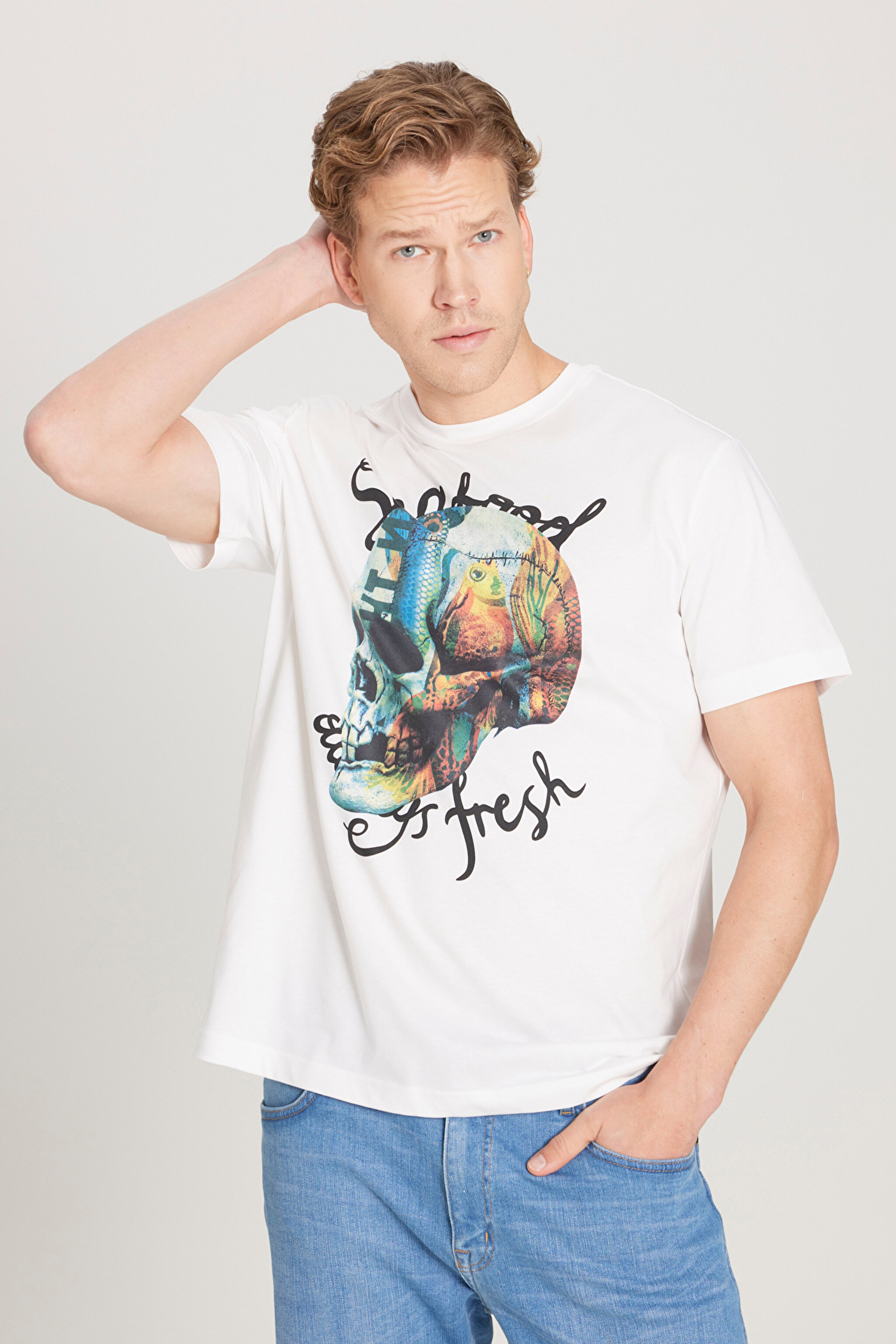 Regular Fit Normal Kesim %100 Pamuk Bisiklet Yaka Kırık Beyaz Tişört